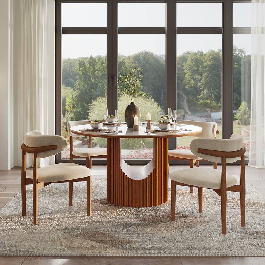 POVISON Modern 47" Round Dining Table for 4 Sintered Stone Walnut ...