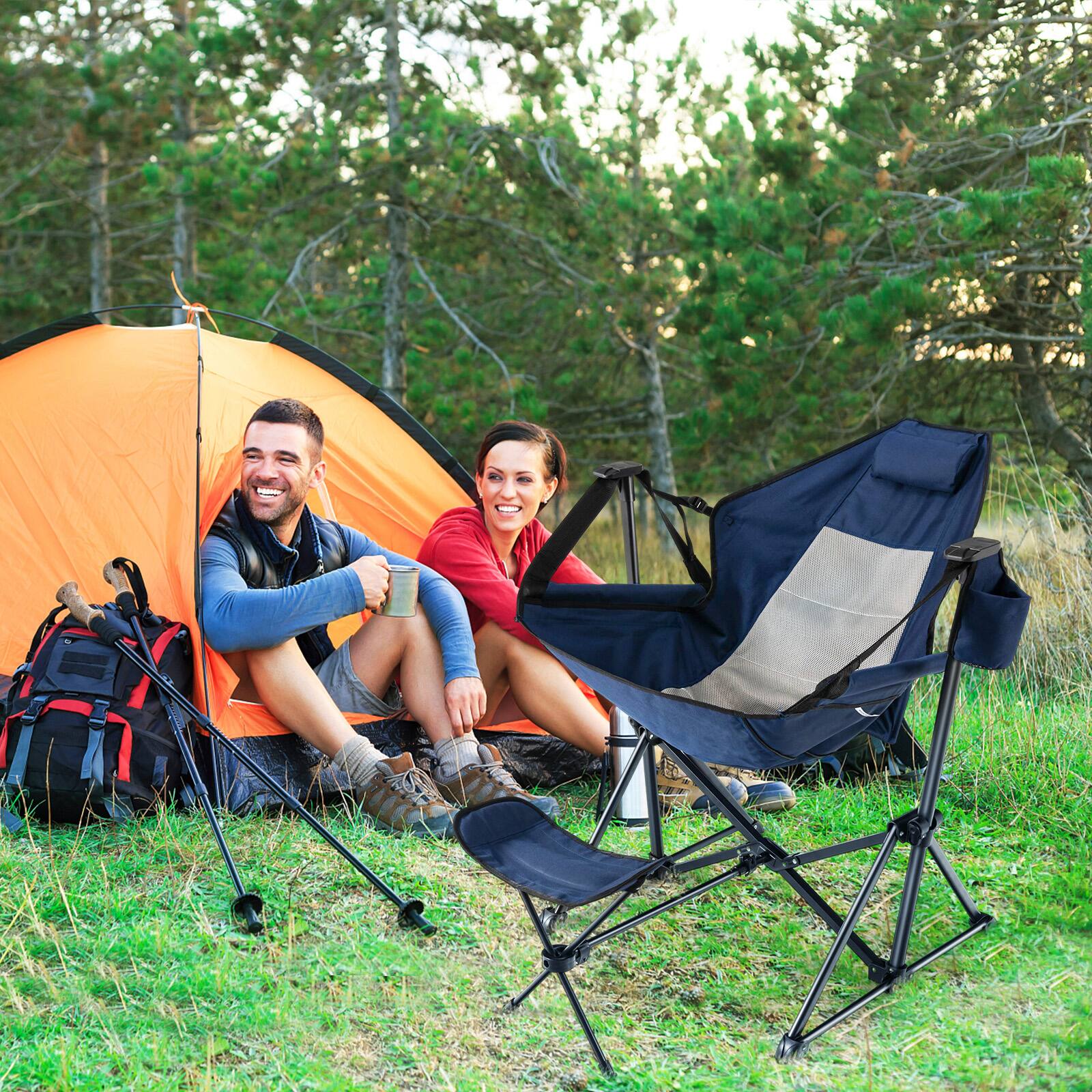 Left. Costway - Hammock Camping Chair w/ Retractable Footrest & Carrying Bag for Camping Picnic - Navy.