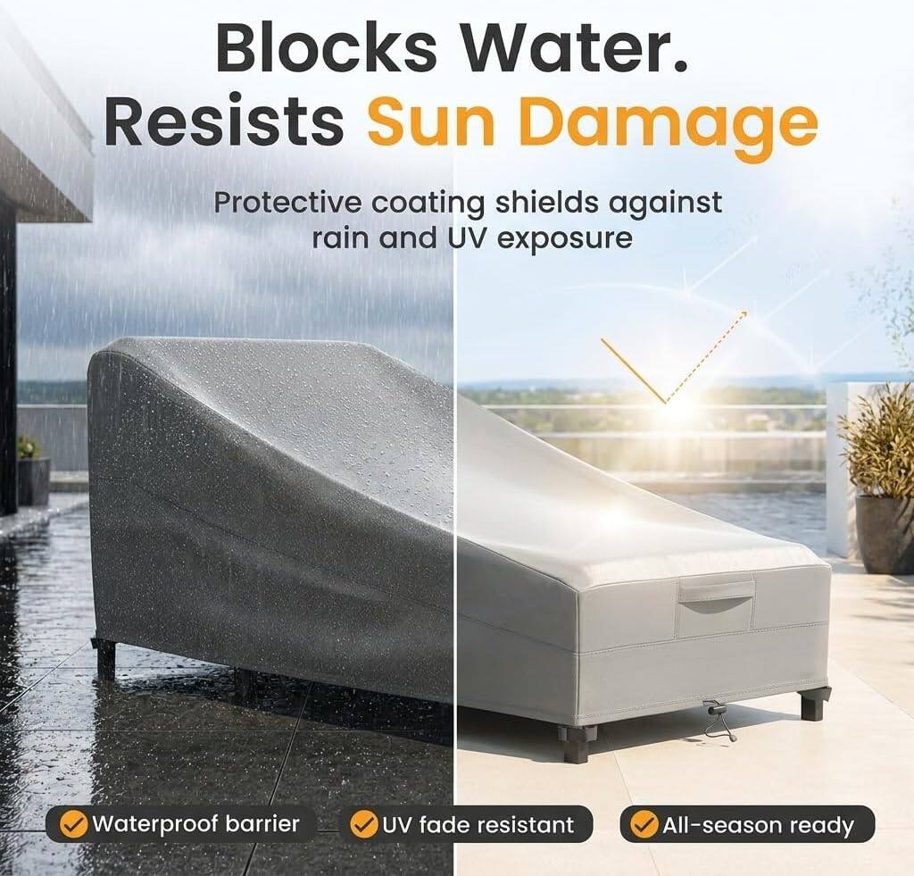 Blocks Water.  
Resists Sun Damage  
Protective coating shields against rain and UV exposure  

Waterproof barrier  
UV fade resistant  
All-season ready