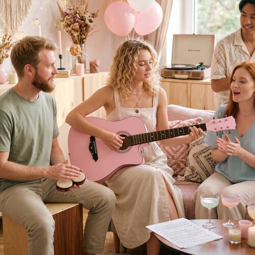Angle. Winado - 38" Acoustic Guitar with Gig Bag for Beginner,3/4 Steel Guitars Kit with Extra Strings, Strap, Picks, Capo - Pink.