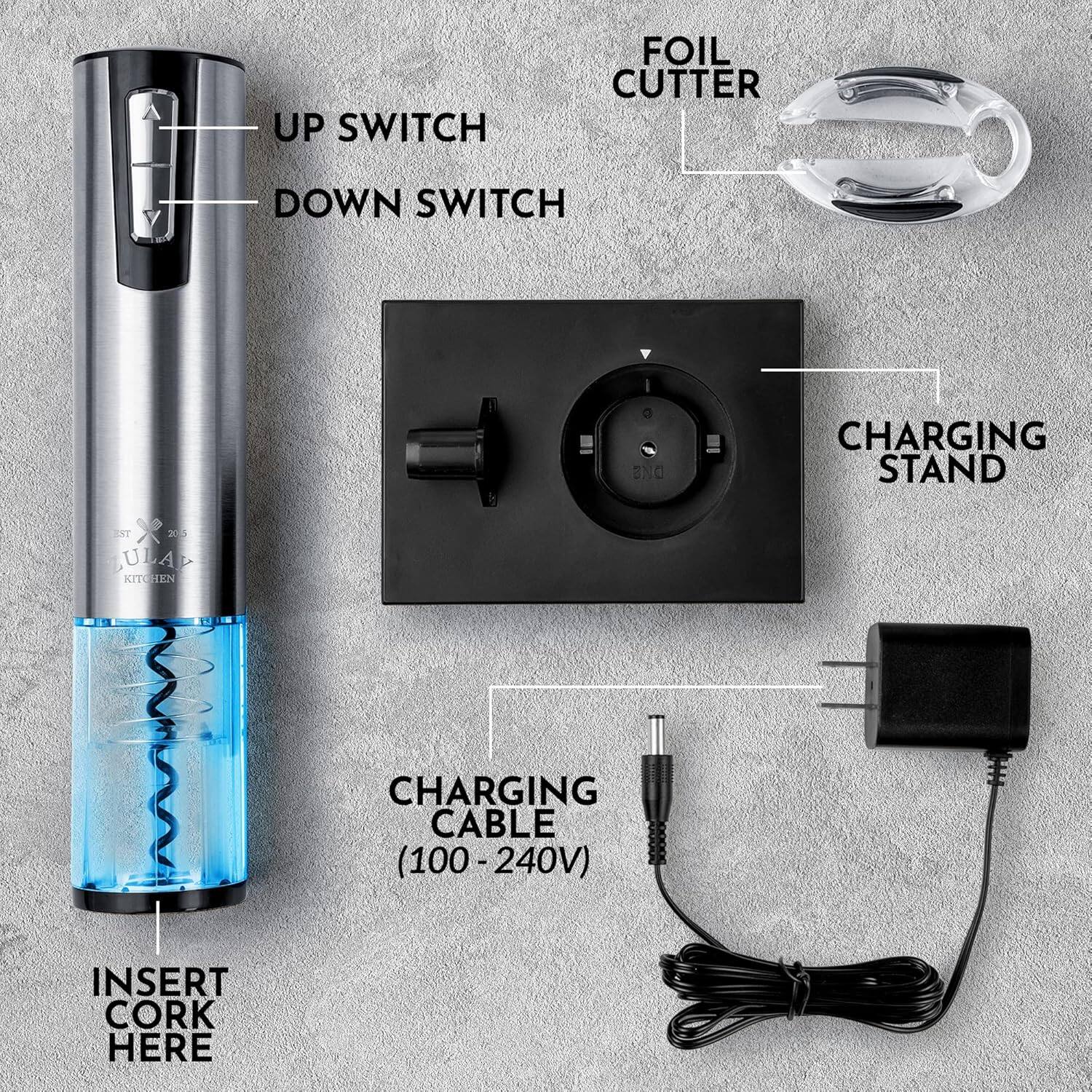 - UP SWITCH
- DOWN SWITCH
- FOIL CUTTER
- CHARGING STAND
- CHARGING CABLE (100-240V)
- INSERT CORK HERE