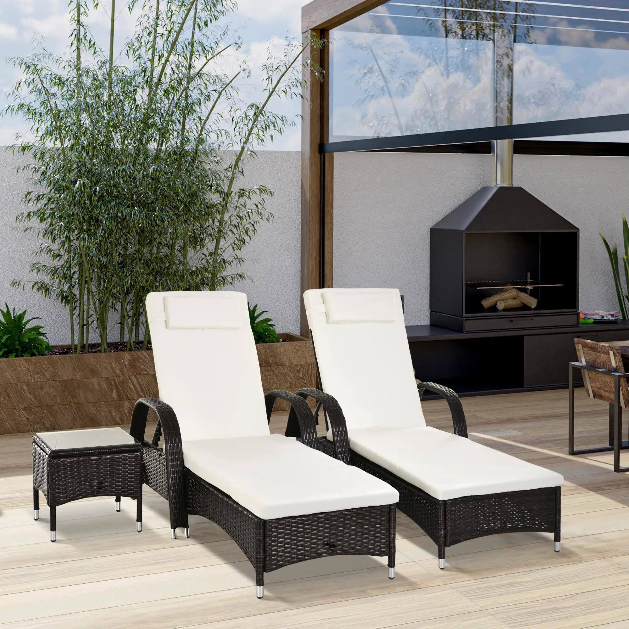 Left. Resenkos - Resenkos Wicker Outdoor Chaise Lounge Chair Set, 5-Level Adjustable Backrest Pool Lounge Chair, Brown, Cream White - Brown, Cream White.