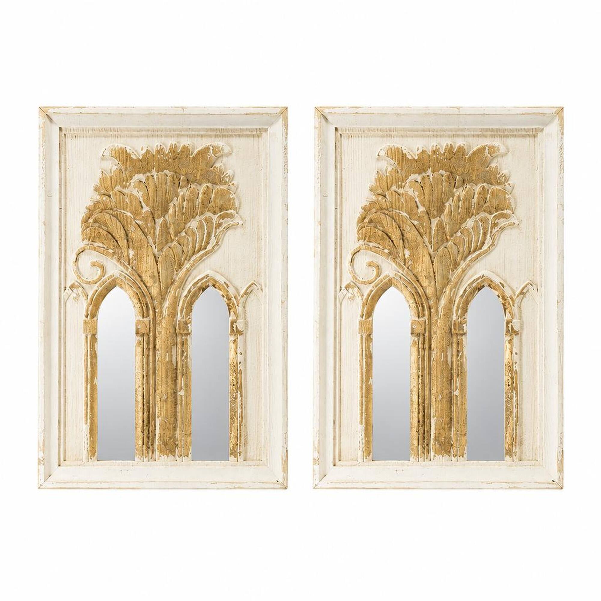 Front. RYHNUYNE - Mid-Century Modern Wall Mirror Set of 2, 20.1 x 29.9 in, Gold Leaf Details, Fir Wood Frame, White Finish - Gold.