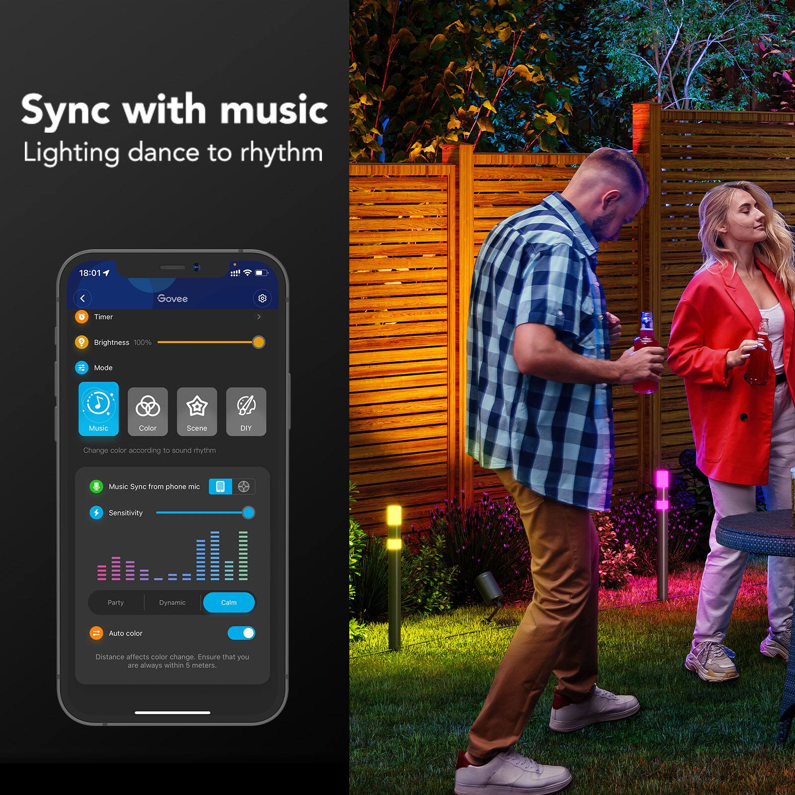 Sync with music: Lighting dance to rhythm. 18:01: < ovee P Timer S Brightness 100% Mode Music Color Scene DIY Change color according to 10 sound mythm Music Sync from shown this Sensitivity Party Dynamic Calm Auto color change according to distance affects color change. Ensure that you are always within - meters.