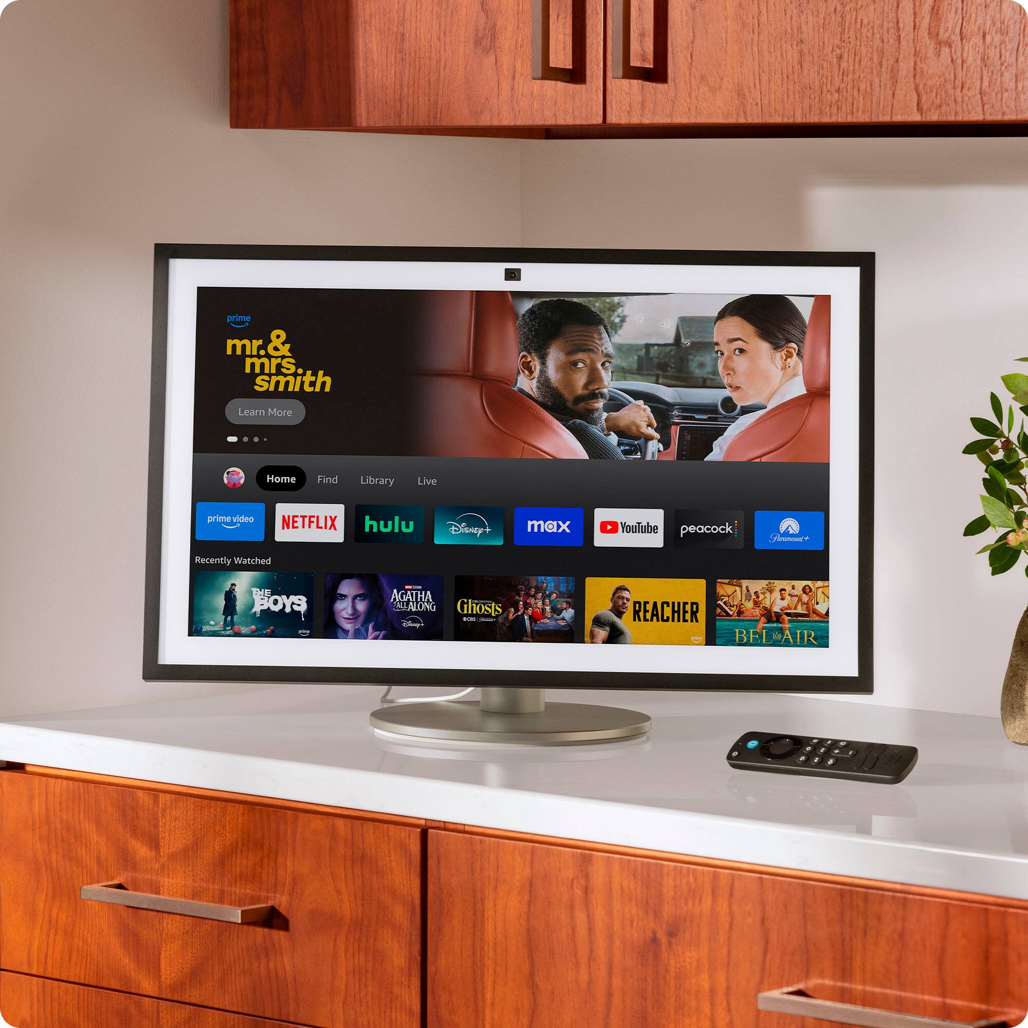 The text on the image reads:

"Prime Video: Mr. & Mrs. Smith Learn More Home Find Library Live Prime Video Netflix Hulu Disney+ Max YouTube Peacock Recently Watched The Forsyte Saga - I Agatha Christie's Ghosts - I Reacher - Behind the Scenes"