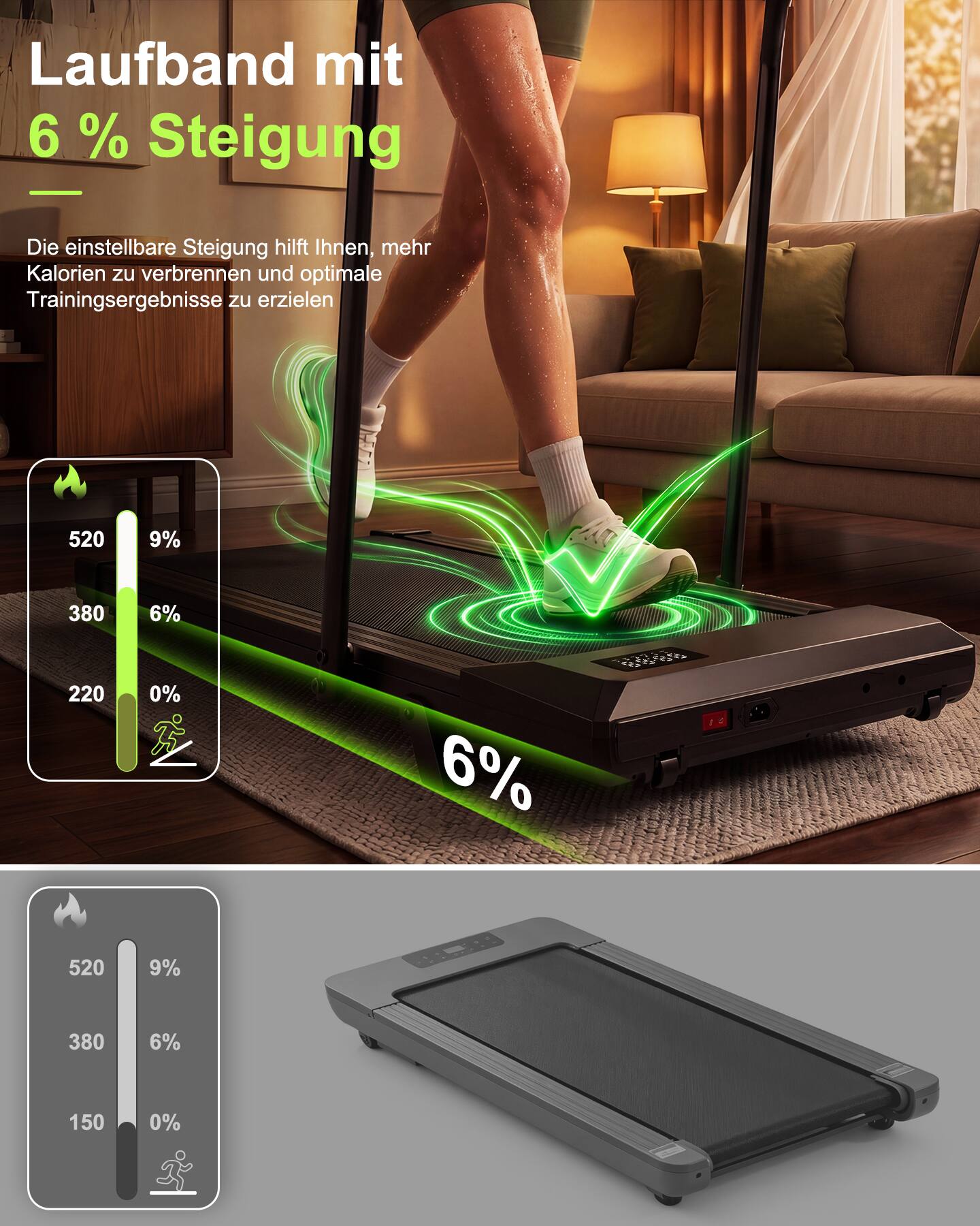 Laufband mit 6 % Steigung - Die einstellbare Steigung hilft Ihnen, mehr Kalorien zu verbrennen und optimale Trainingsergebnisse zu erzielen

520 9%  
380 6%  
220 0%  
6%  
10  
520 9%  
380 6%  
150 0%