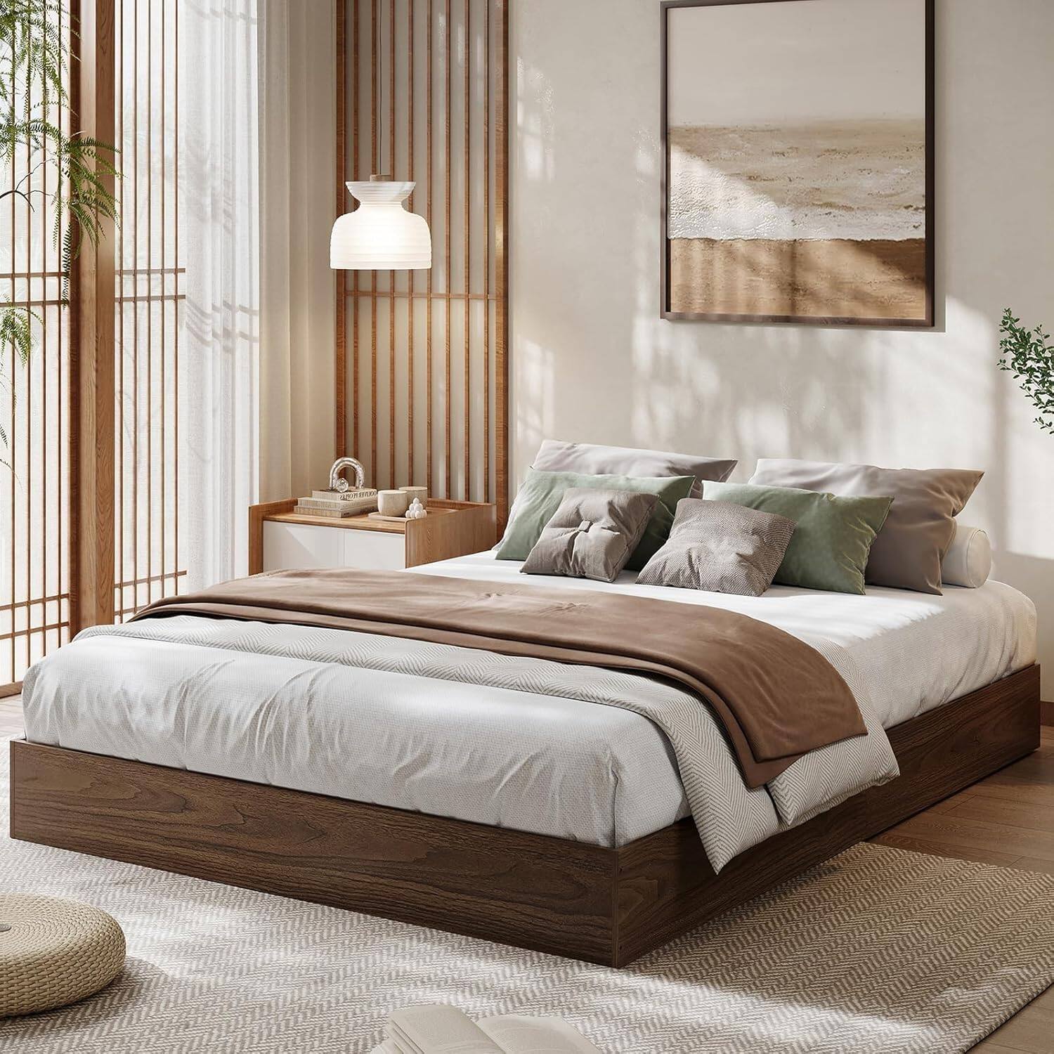 Back. Babevy - Wood Platform Bed Frame, Sleek Modern Minimalist Floor-Standing Bed Frame with Durable Wooden Slats, Noise-Free - Walnut.