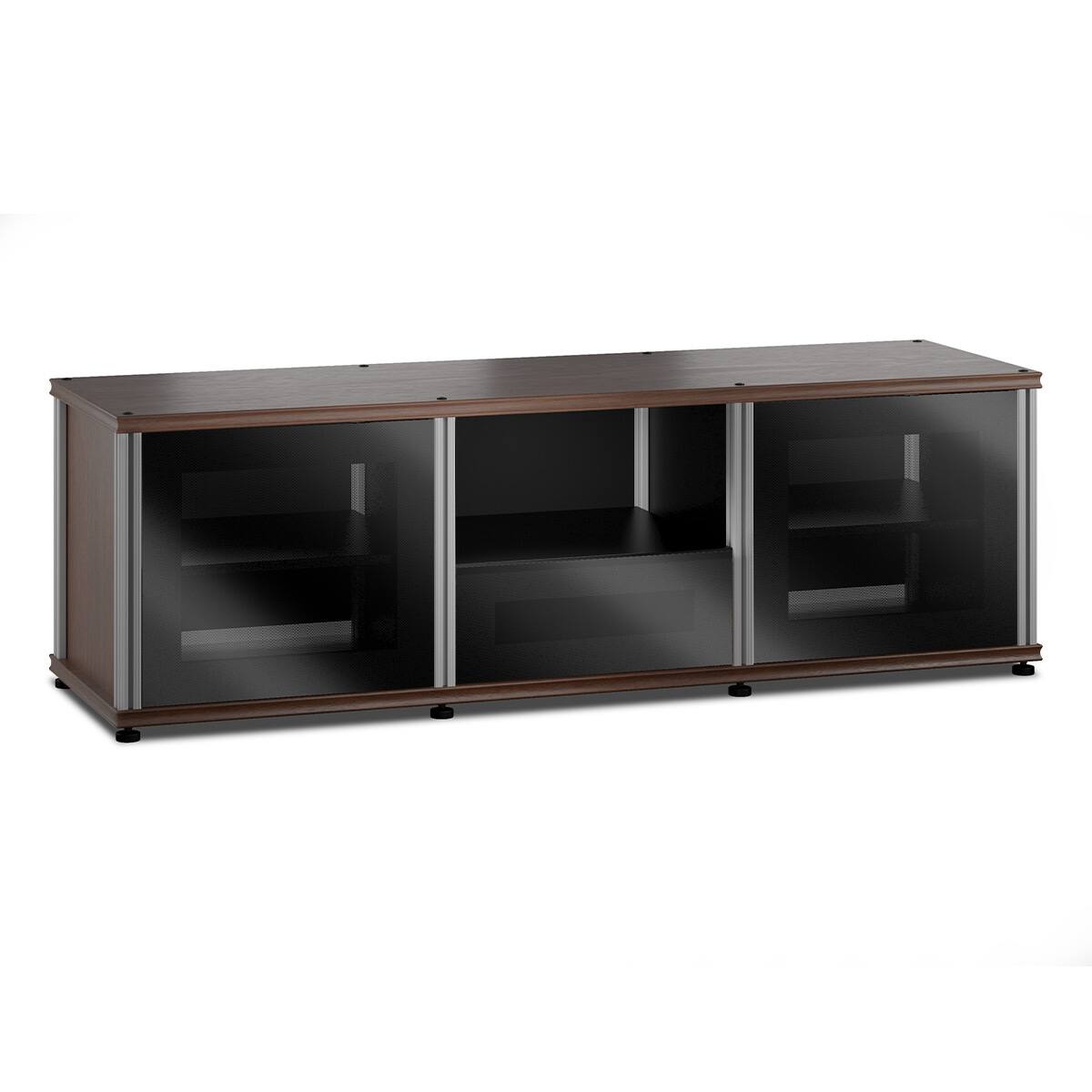 Front. Salamander Designs - Salamander Designs Synergy 236 Triple AV Cabinet (Dark Walnut with Black Glass & Aluminum Posts) - Dark Walnut/Aluminum.