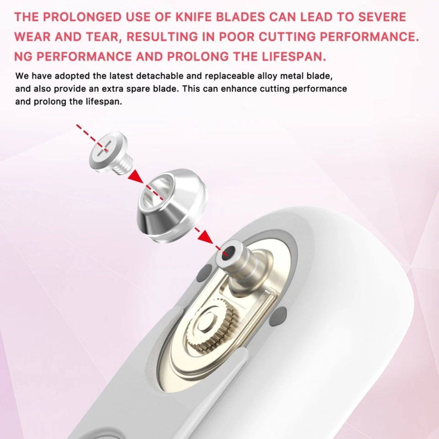 THE PROLONGED USE OF KNIFE BLADES CAN LEAD TO SEVERE WEAR AND TEAR, RESULTING IN POOR CUTTING PERFORMANCE. NG PERFORMANCE AND PROLONG THE LIFESPAN.

We have adopted the latest detachable and replaceable alloy metal blade, and also provide an extra spare blade. This can enhance cutting performance and prolong the lifespan.