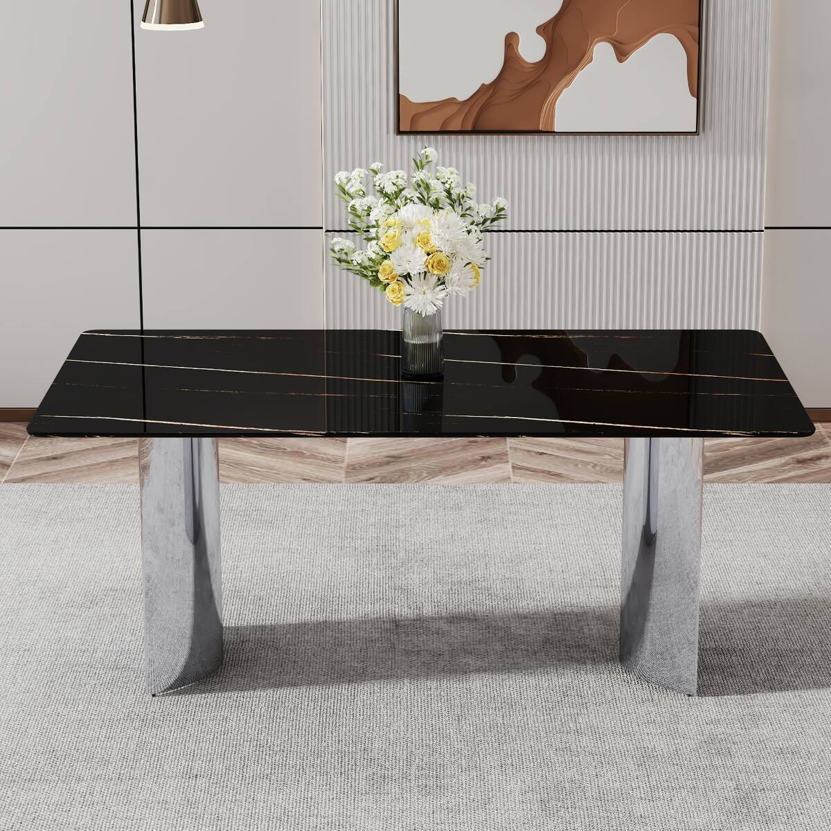 Left. Loheer - Loheer Black Faux Marble Glass Dining Table with Silver Metal Legs, Modern Minimalist Design - Black.