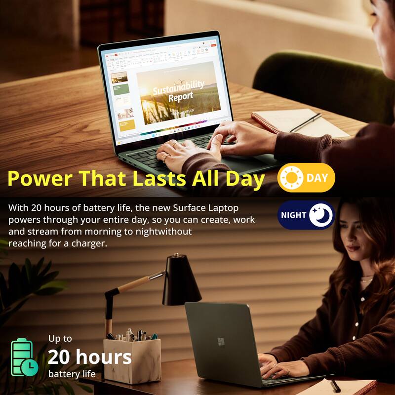 Sustainability Report ANDERSON LONDONALS

Power That Lasts All Day

With 20 hours of battery life, the new Surface Laptop powers through your entire day, so you can create, work and stream from morning to night without reaching for a charger.

Up to 20 hours battery life