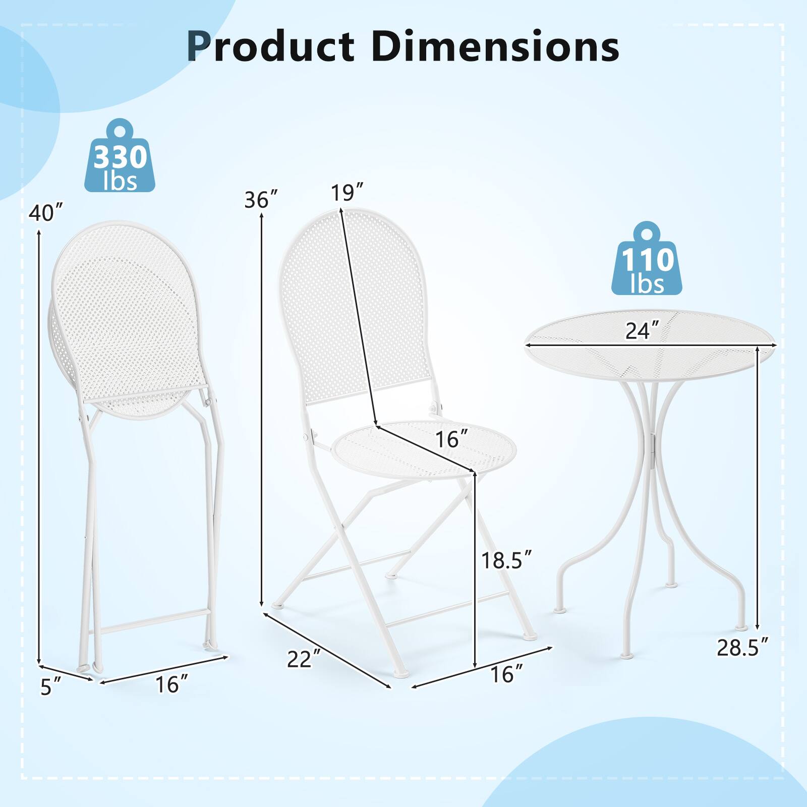Product Dimensions

- 40" x 330 lbs
- 36" x 19" x 16" x 18.5" x 5" x 16" x 22"
- 24" x 16" x 18.5" x 28.5" x 110 lbs