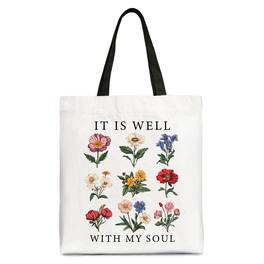OrnamentallyYou - It Is Well With My Soul Christian Floral Canvas Tote Bag, Gift With Bible Verse Design - White Black
