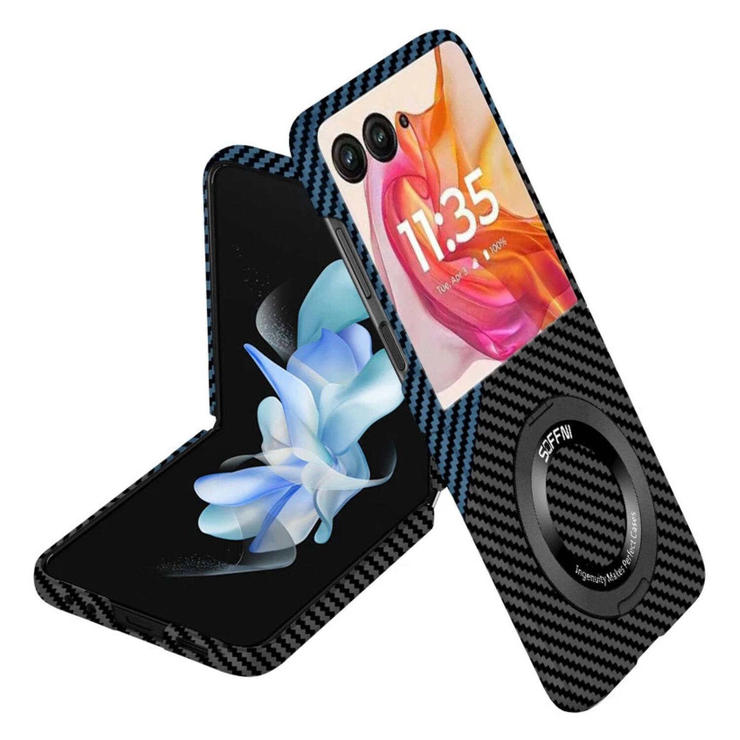 Stock Preferred - Carbon Fiber Magnetic Case with Ring Stand for Motorola Razr 2025 - Black Blue
