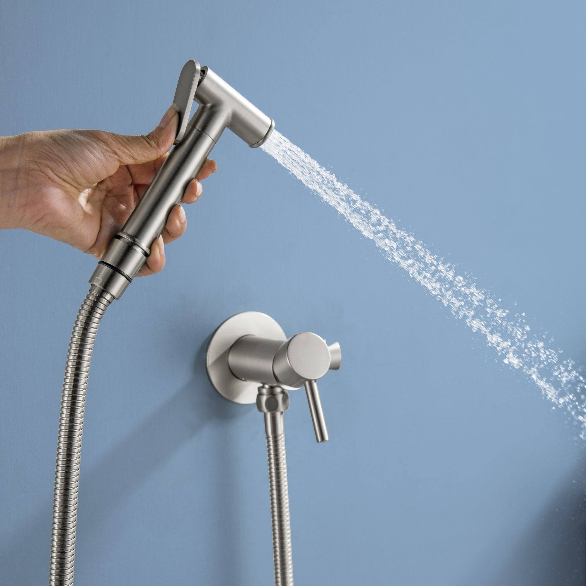 Alt View 2. Boyel Living - Brushed Bidet Sprayer Brass Hot Cold Water 1.2m SUS304 Explosion Proof Hose Dual Mode - Brushed Nickel.