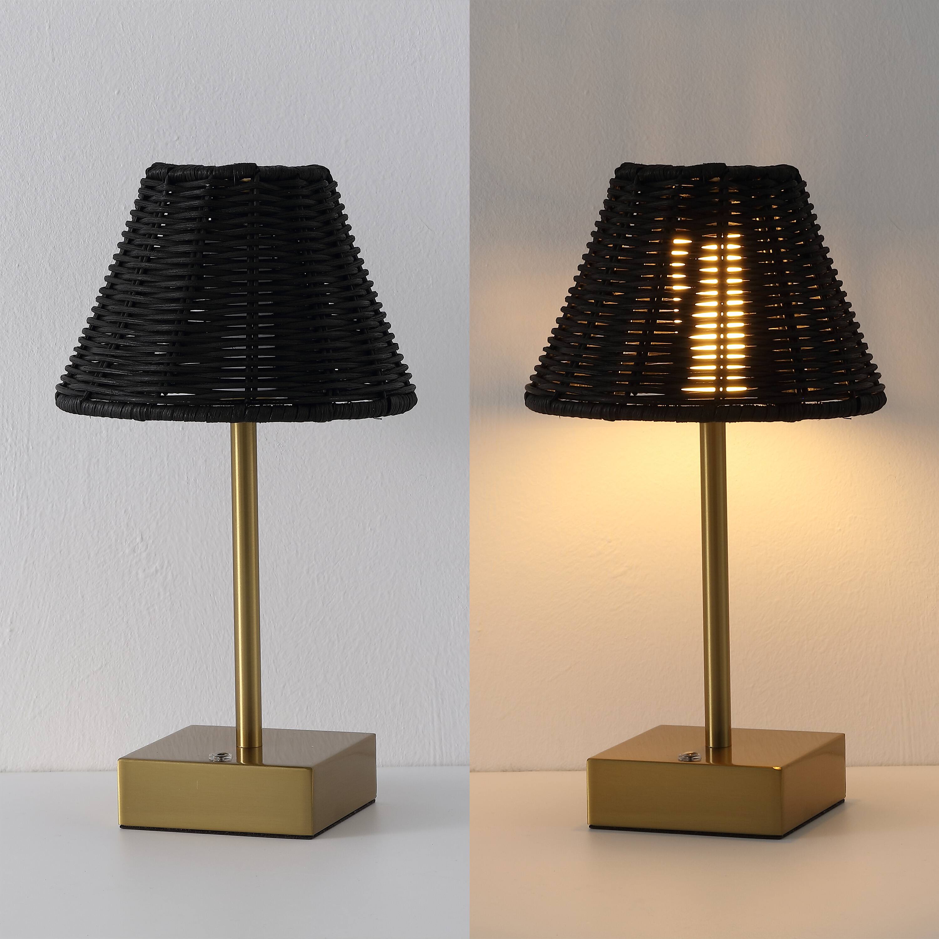 Alt View 5. Jonathan Y - Chester 11.25" Rechargeable Table Lamp Set of 2, Bohemian Brass Gold with Black Rattan Shade, Touch Dimmable for Bedroom - Brass Gold.