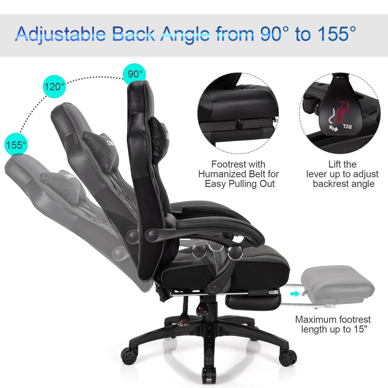 Adjustable Back Angle from 90° to 155°

155°
120°
90°

Footrest with Humanized Belt for Easy Pulling Out

Lift the lever up to adjust backrest angle

Maximum footrest length up to 15"