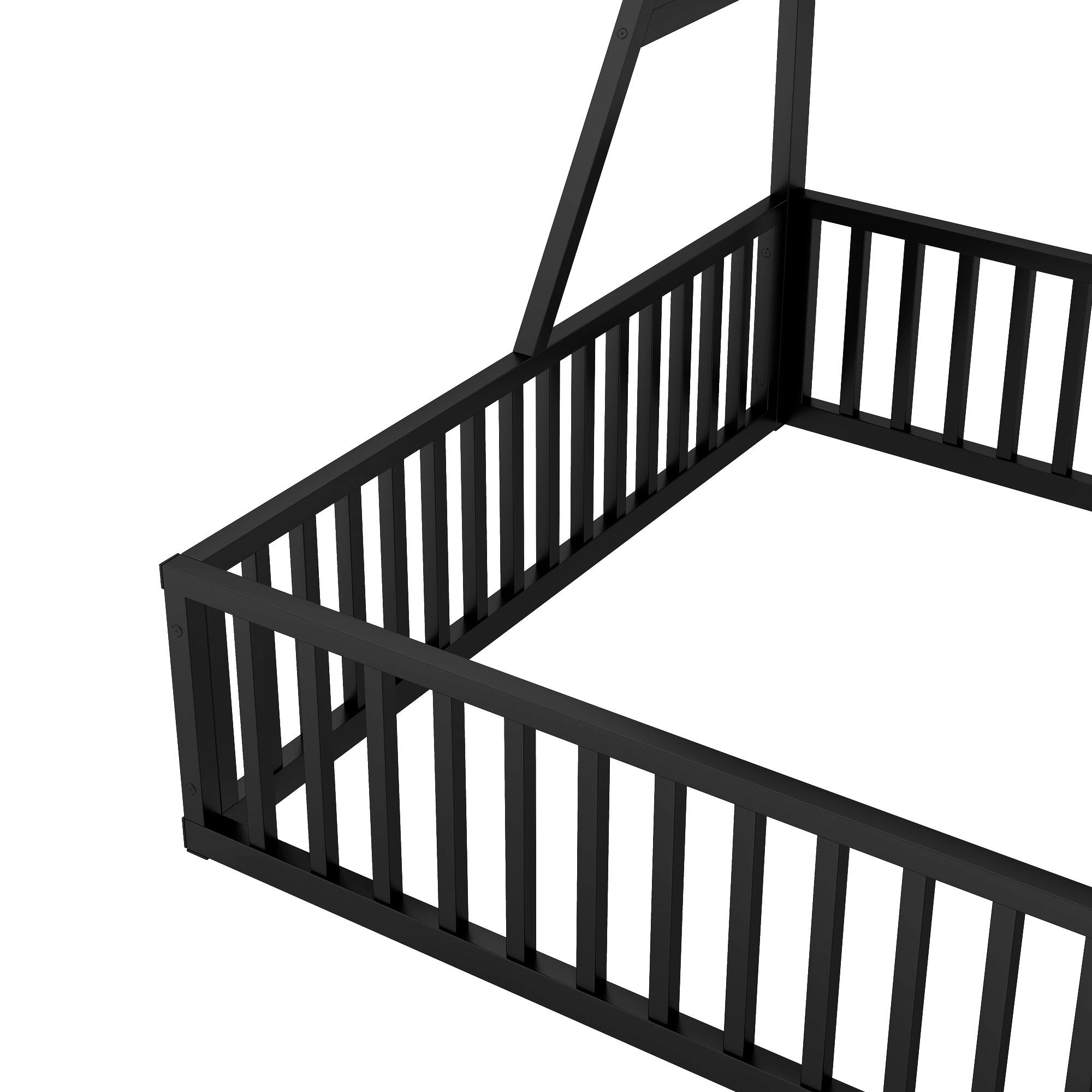 Alt View 4. Tiramisubest - Full Size Floor Bed Frame with Safety Fence, Metal Floor Bed with Desk and Storage Shelves, Playhouse for Kids, Black - Black.