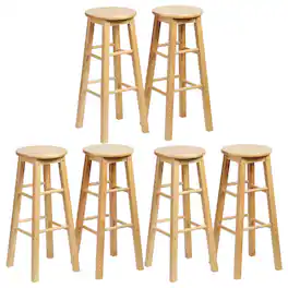 PJ Wood - Classic Round Seat 29" Tall Kitchen Counter Stools, Natural (Set of 6) - Natural/Brown