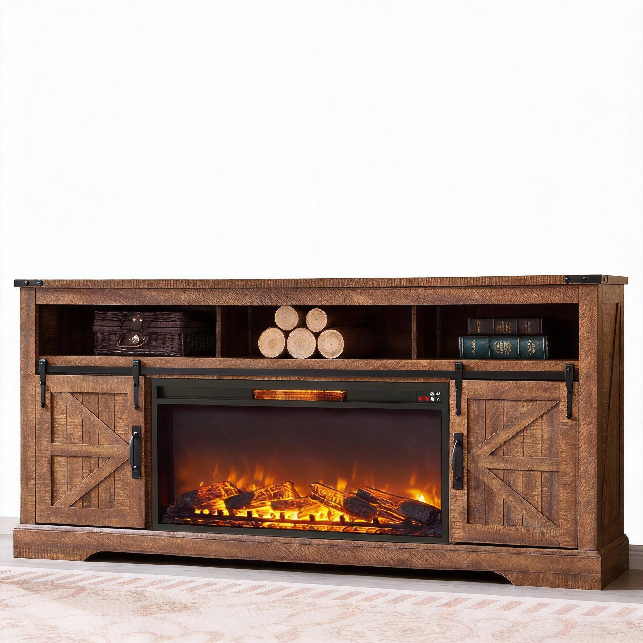 Front. CovertSafe - Farmhouse Fireplace TV Stand with Barn Door Media Console - 80" TV 33" Tall 36" Fireplace.