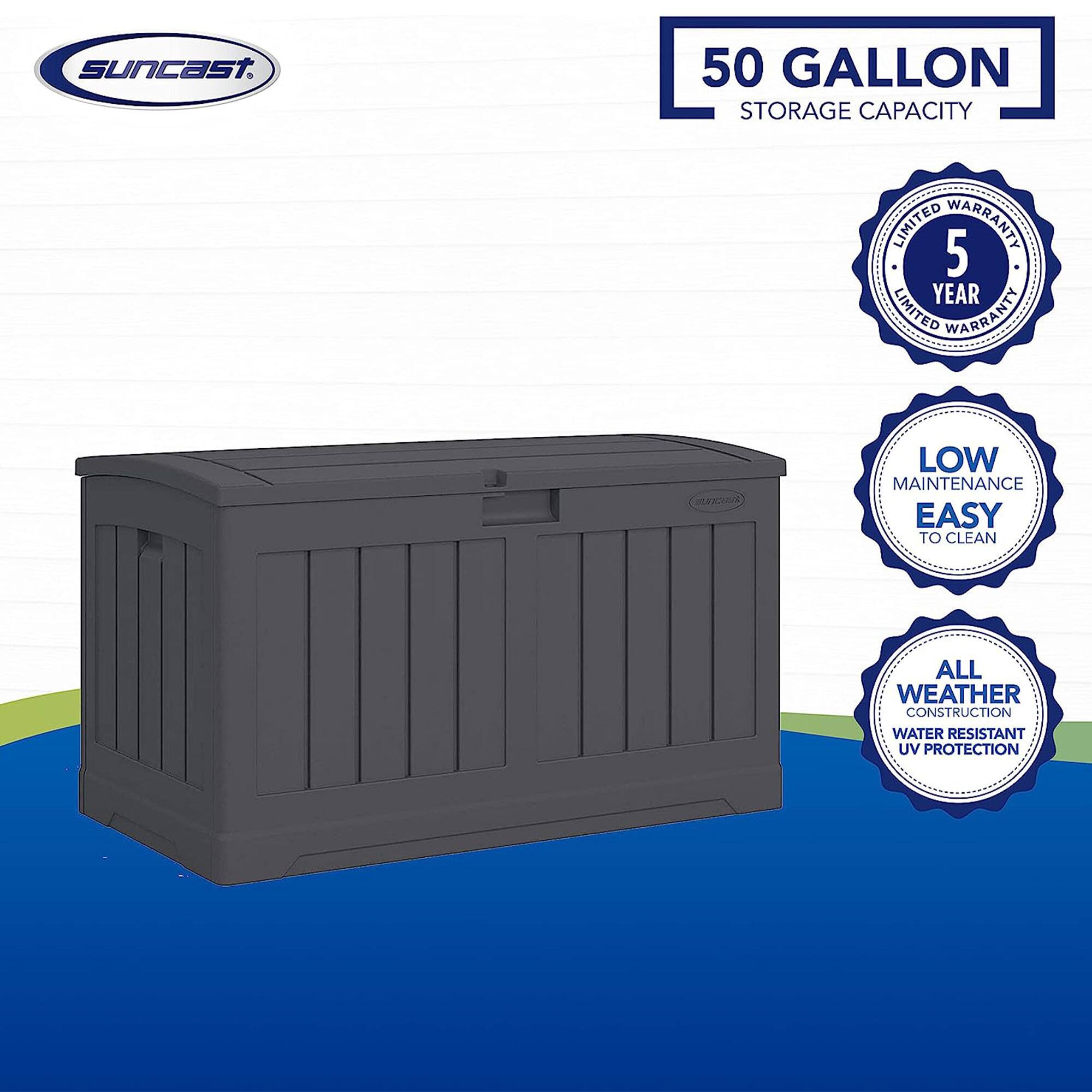 Sure, here is the corrected and grouped text from the image:

---

**Suncast**

- **50 GALLON STORAGE CAPACITY**
- **5 YEAR LIMITED WARRANTY**
- **LOW MAINTENANCE EASY TO CLEAN**
- **ALL WEATHER CONSTRUCTION**
- **WATER RESISTANT UV PROTECTION**

---