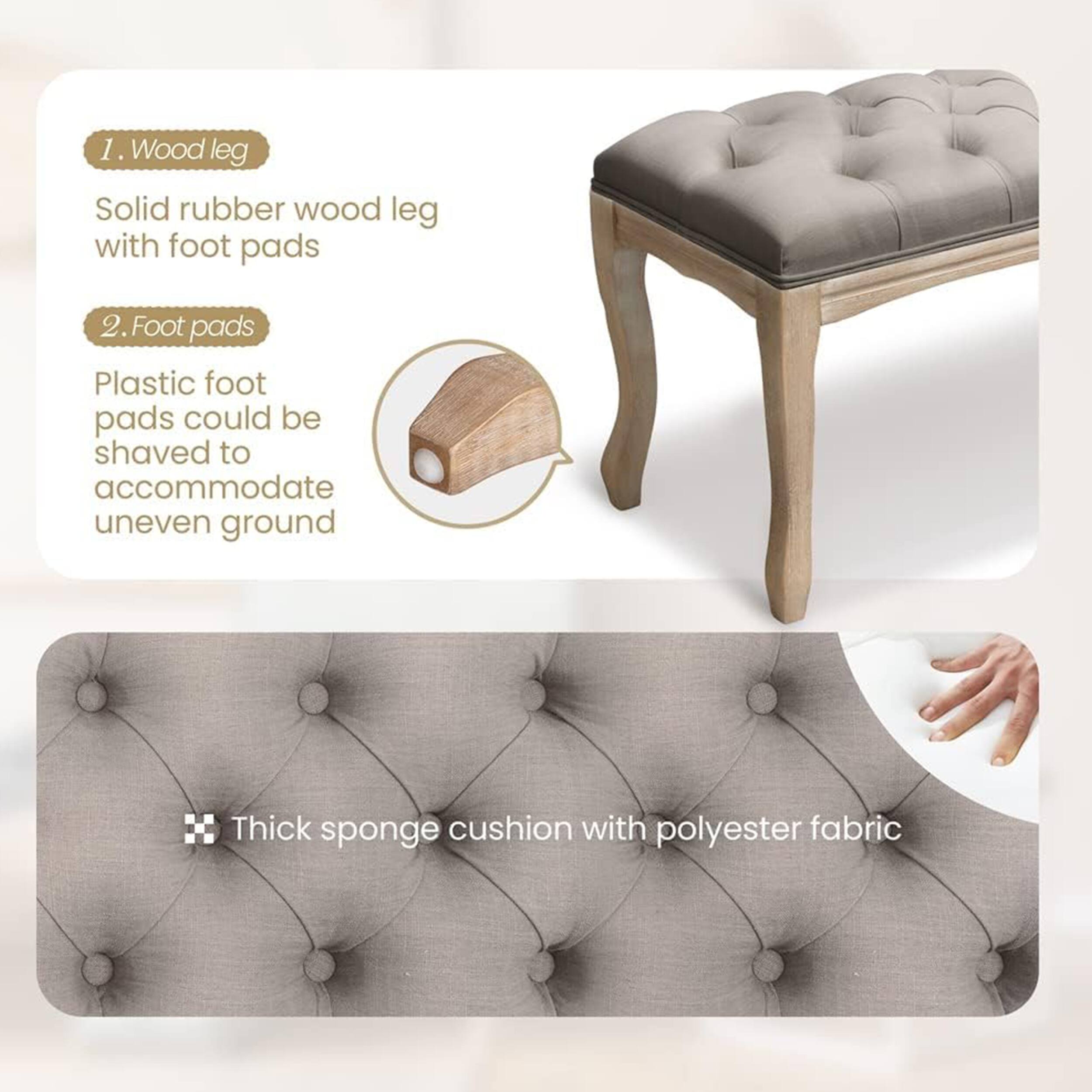 1. Wood leg
Solid rubber wood leg with foot pads

2. Foot pads
Plastic foot pads could be shaved to accommodate uneven ground

Thick sponge cushion with polyester fabric