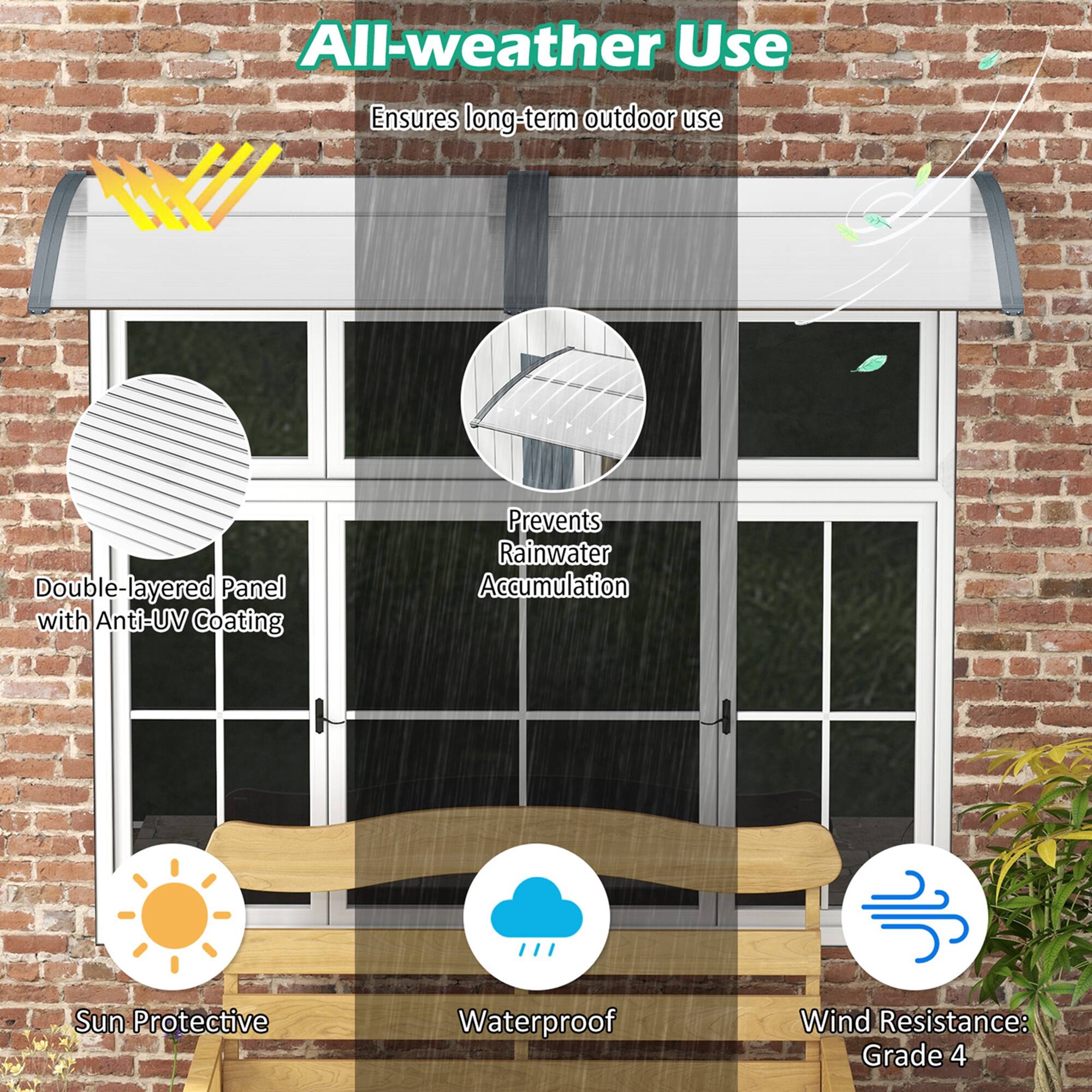 All-weather Use  
Ensures long-term outdoor use  

Double-layered Panel with Anti-UV Coating  
Prevents Rainwater Accumulation  

Sun Protective  
Waterproof  
Wind Resistance: Grade 4