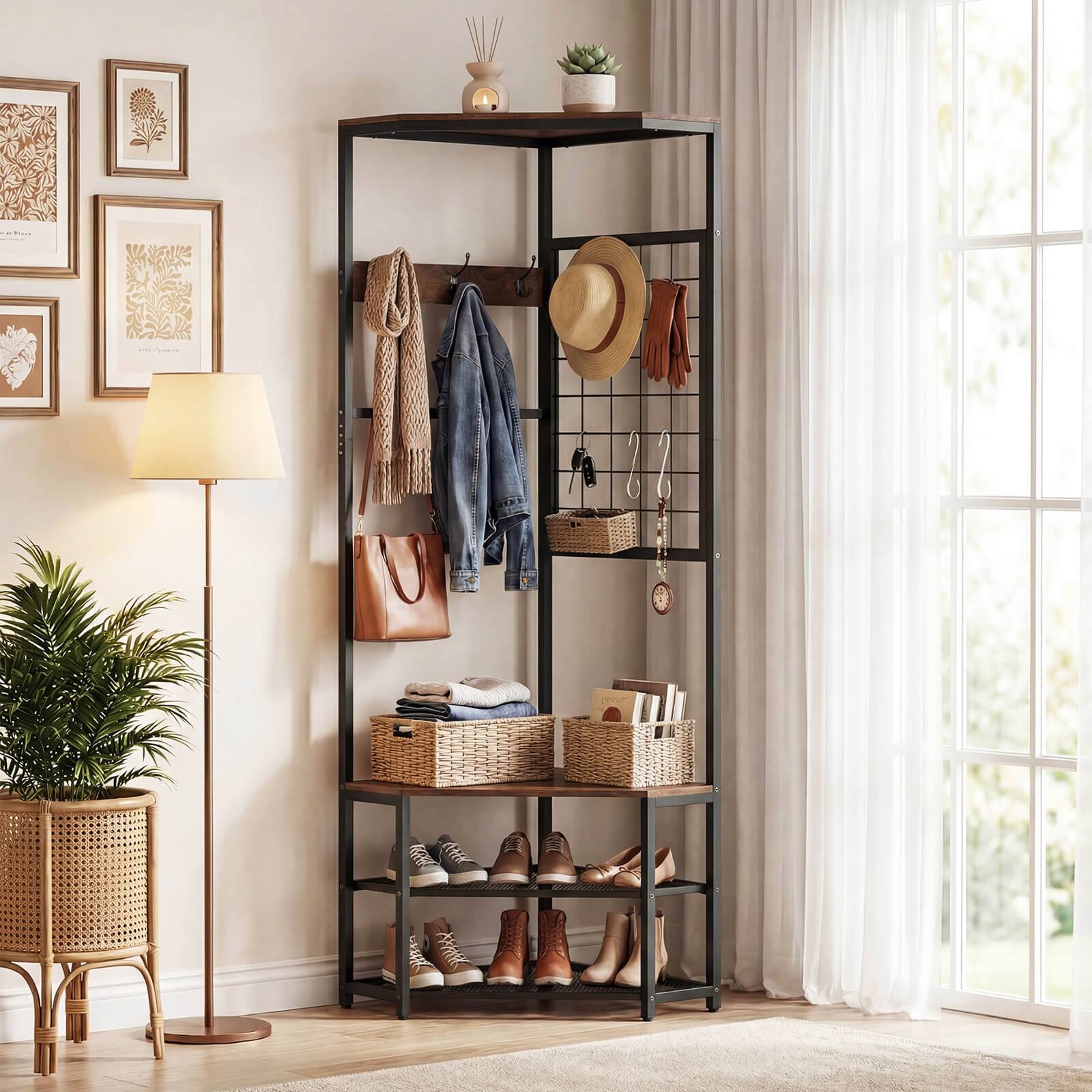 Alt View 3. Costway - Costway Corner Hall Tree, Freestanding Coat Rack with Storage Shelves & Removable Hooks - Rustic Brown + Black.