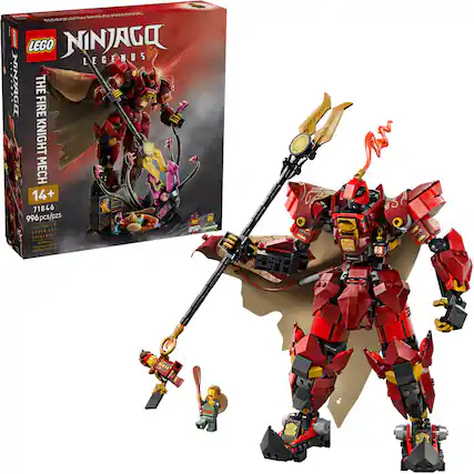 The text on the image is:
- LEGO NINJAGO LEGENDS
- THE KNIGHTS MECH
- 14+
- 71846
- 996pcs/pzs
- ILLUSTRATED COVER ART
- A TREATHENT
- btn in
- EC 21
- Cd 1