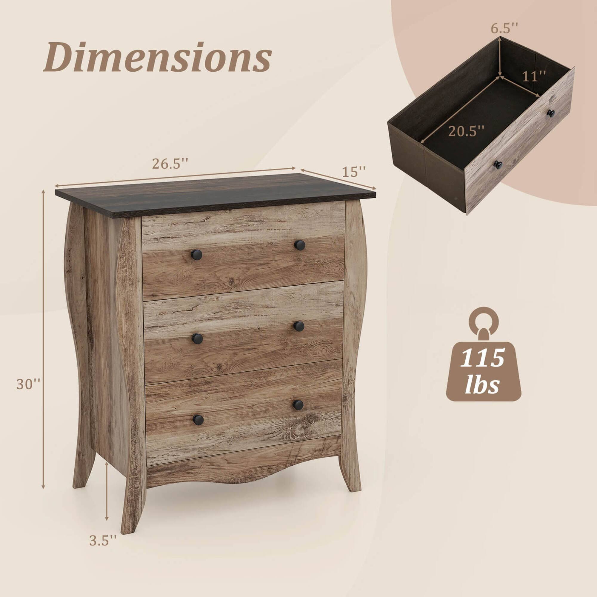 Dimensions:  
- Height: 30"  
- Width: 26.5"  
- Depth: 15"  
- Drawer: 6.5" (height) x 11" (depth) x 20.5" (width)  
- Weight: 115 lbs  
- Drawer Pull: 3.5"