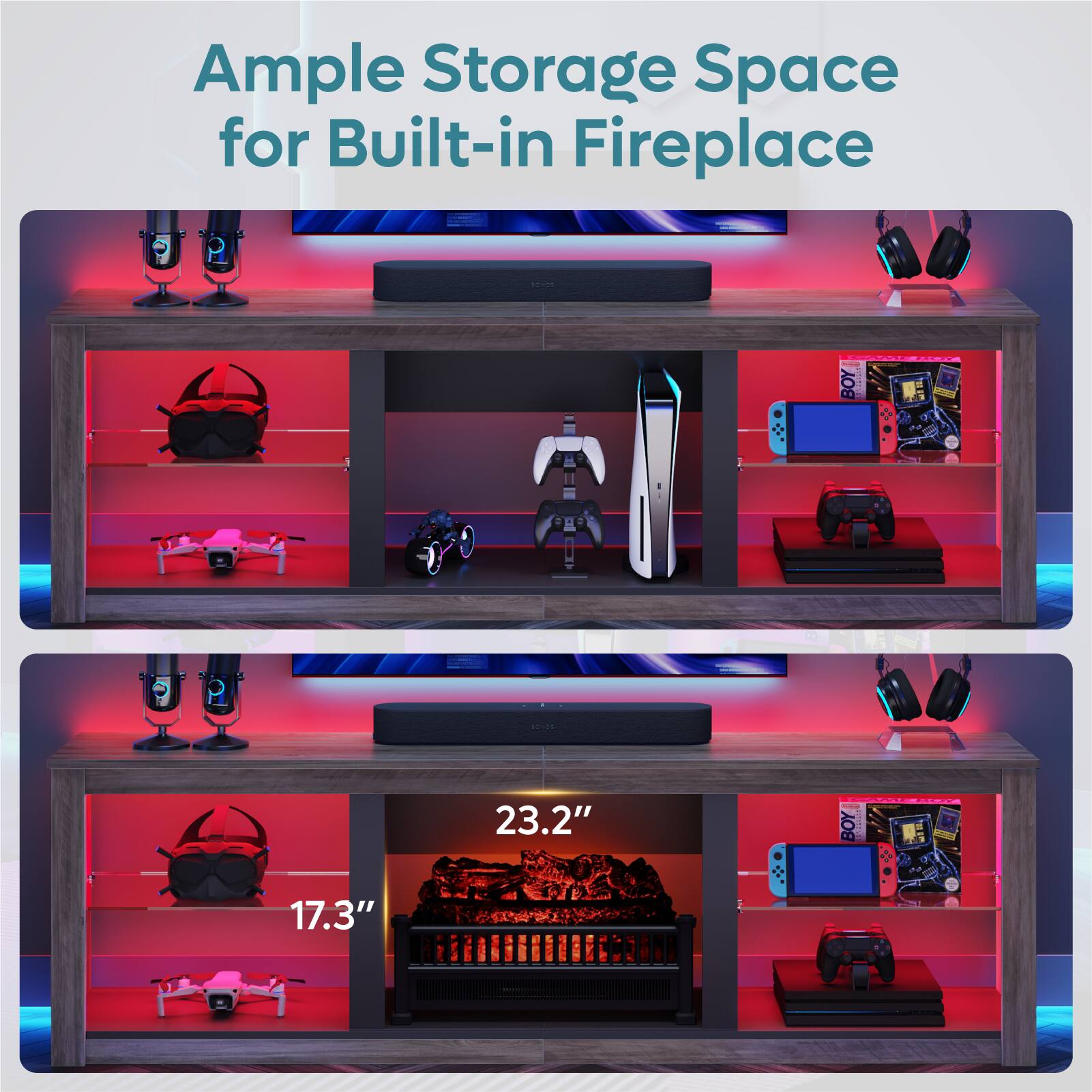 Ample Storage Space for Built-in Fireplace: 23.2" 17.3"