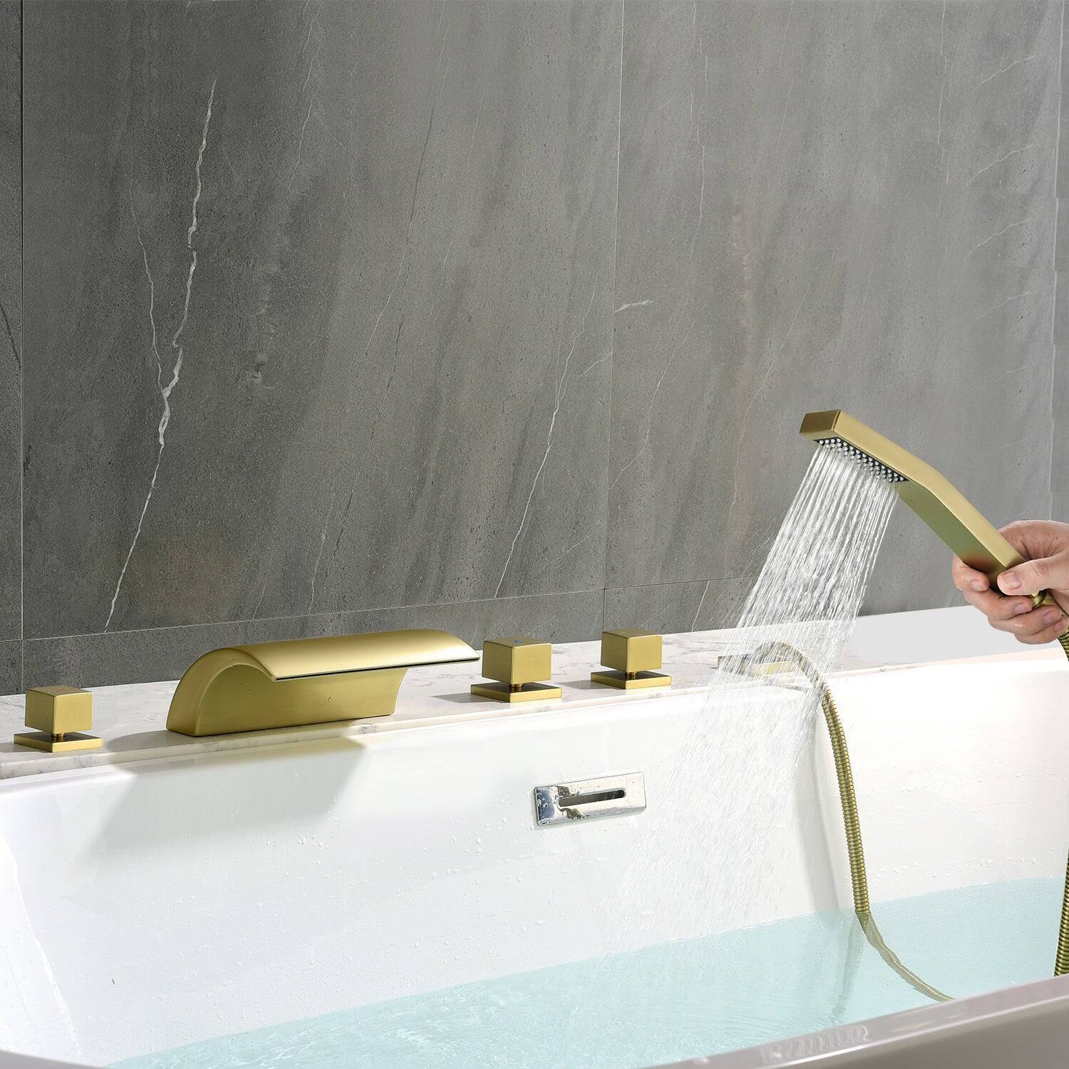 Alt View 9. Boyel Living - Brushed Gold Cold and Hot Water Five Hole Installation Waterfall Bath Tub Faucet with Handheld Shower - Brushed Gold.