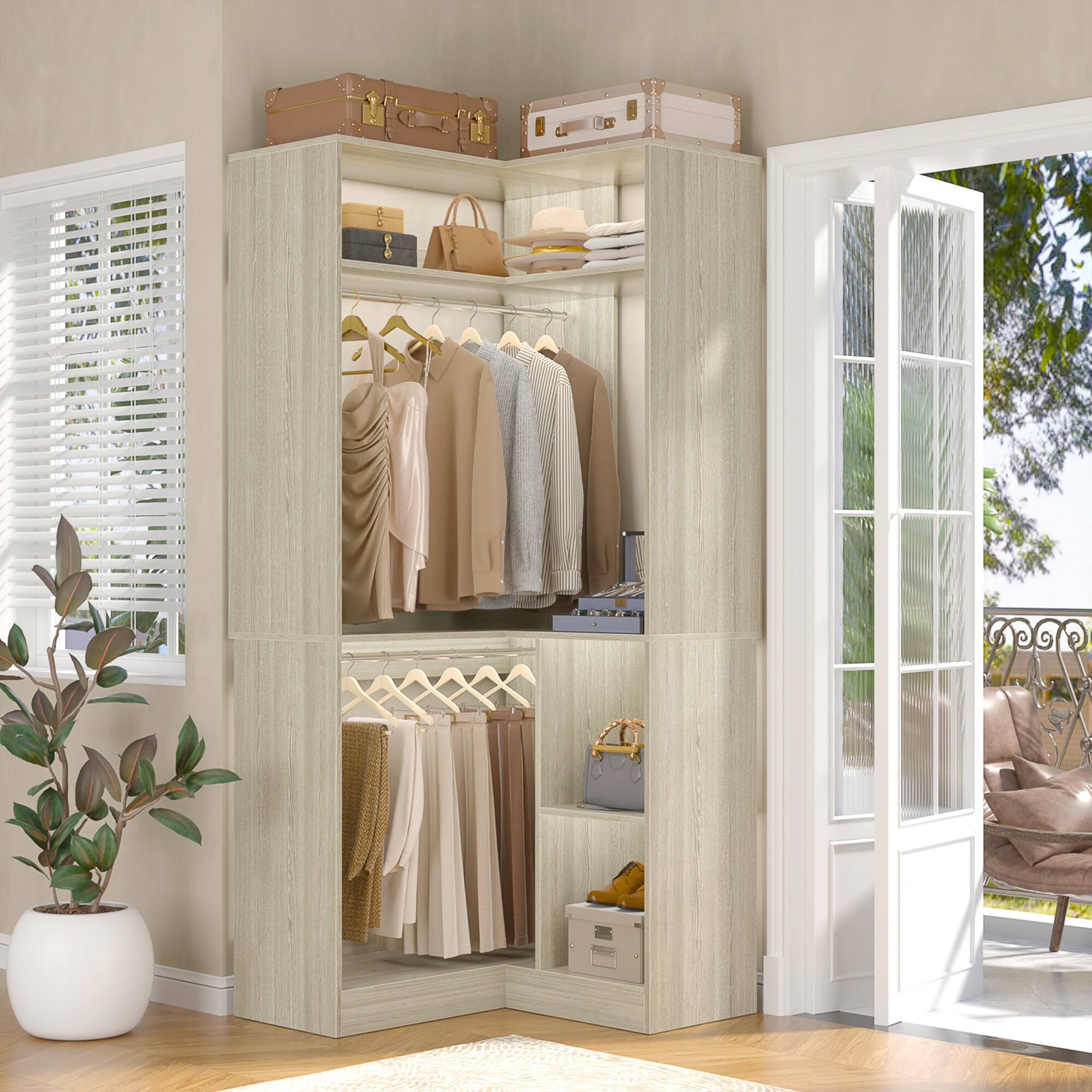 Aheaplus - Corner Closet System with 2 Hanging Rods, 33.5'' L Shaped Closet Organizer with 6 Shelves for Clothing Storage - Beige Oak