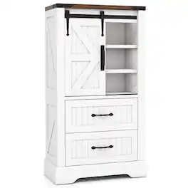 Gymax - Farmhouse Bathroom Floor Cabinet w/Sliding Door Adjustable Shelves & 2 Drawers - White