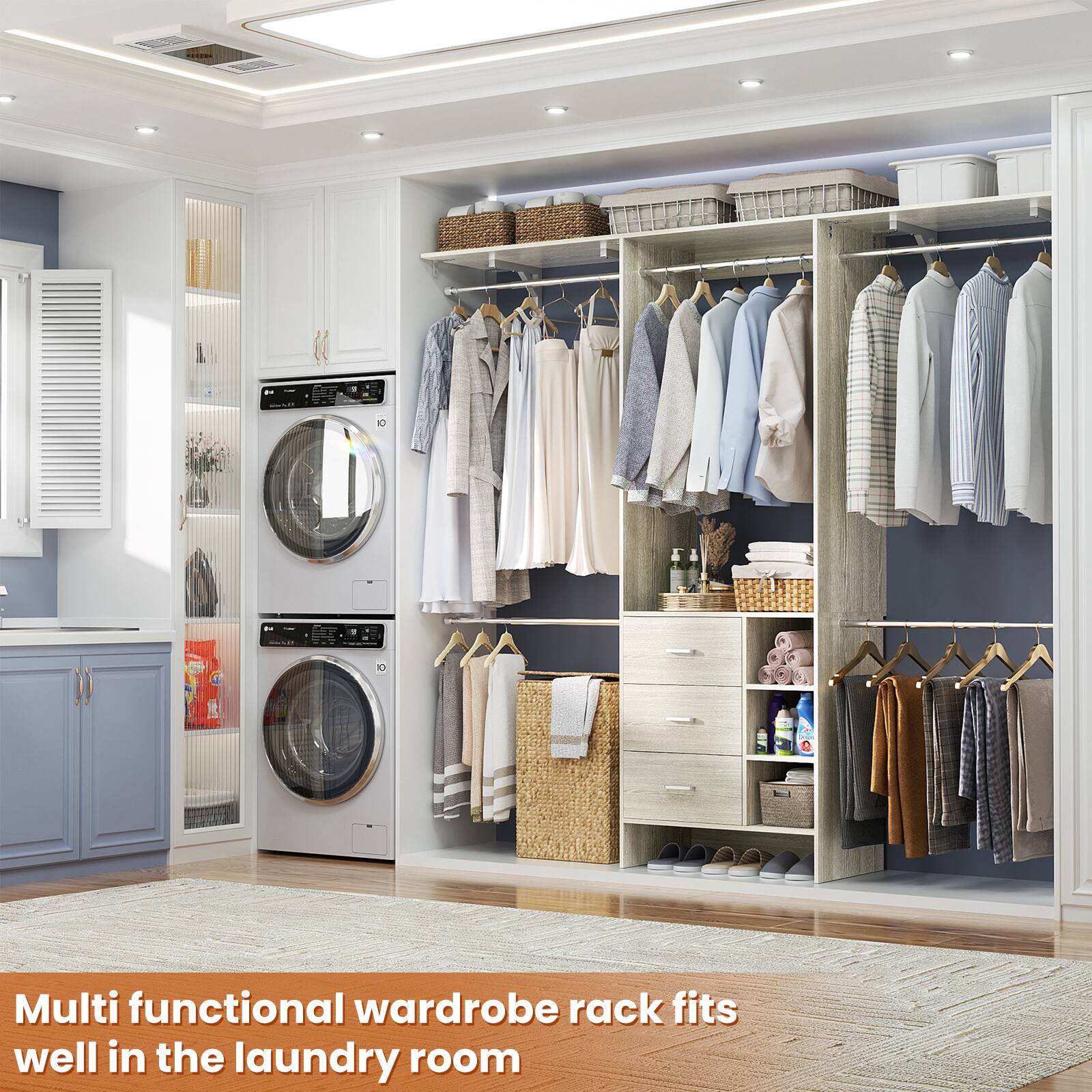 Multi functional wardrobe rack fits well in the laundry room