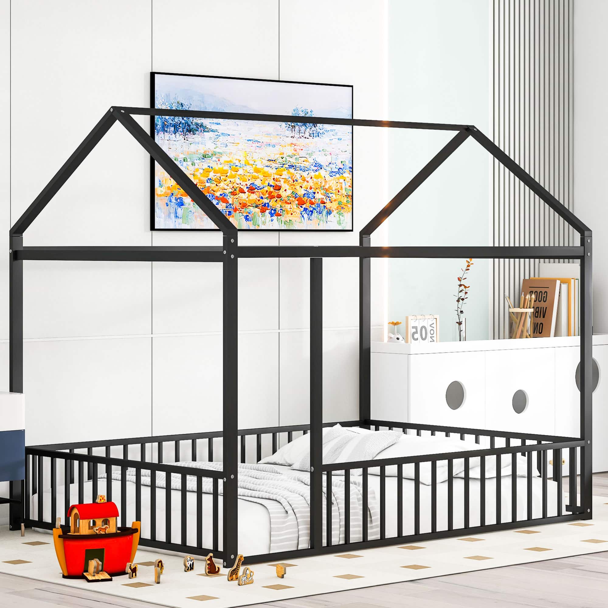 GOODSILO - Full Size Metal House Bed Frame with Playhouse Design for Kids and Teens - Black