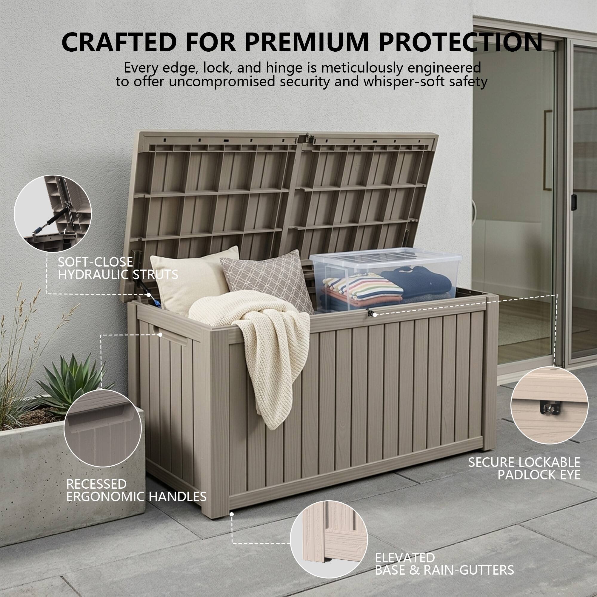 CRAFTED FOR PREMIUM PROTECTION

Every edge, lock, and hinge is meticulously engineered to offer uncompromised security and whisper-soft safety

- SOFT-CLOSE HYDRAULIC STRUTS
- RECESSED ERGONOMIC HANDLES
- SECURE LOCKABLE PADLOCK EYE
- ELEVATED BASE & RAIN-GUTTERS