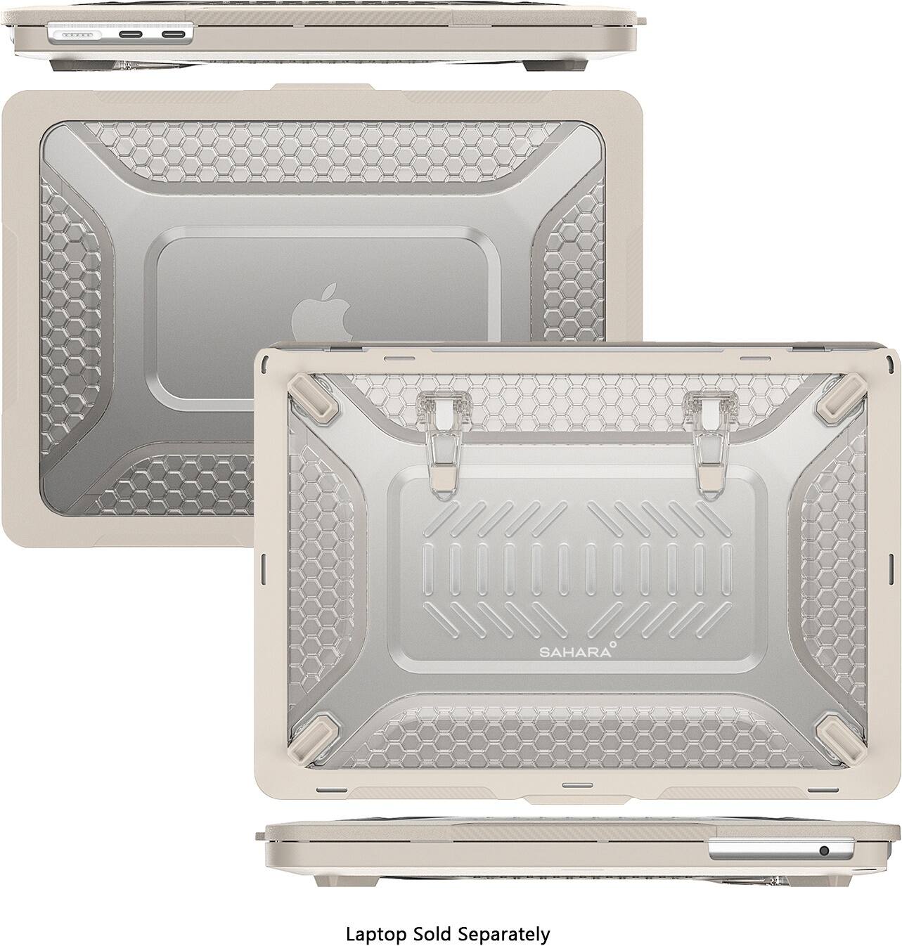 The image features a laptop computer with a protective case on top of it. The case is described as being made of a metal-like material and has a gray color. The laptop is not sold separately, as it is already part of the case. The case is designed to protect the laptop from damage and provide a secure fit.