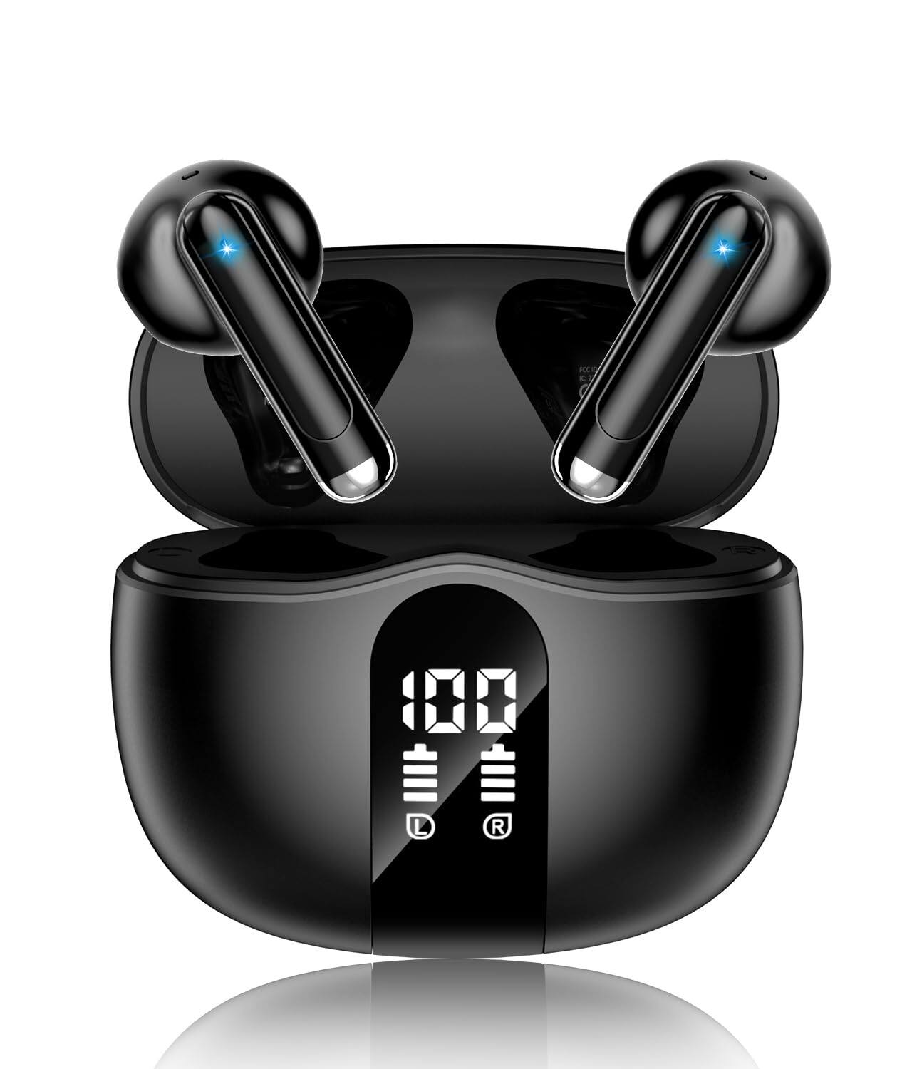 Front. Luckbyte - Wireless Earbuds Bluetooth 5. 4 Headphones with LED Display, Noise Cancelling Mic, 50H Playtime, Black.