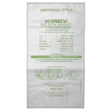 **UNIVERSAL STYLE**
**KIRBY MICRON MAGIC HEPA FILTER PLUS**
Use ONLY Genuine Kirby filters
For the closest authorized Kirby Distributor call:
- U.S. 800-437-7170
- U.K. 0800-328-1247
- Europe 00 800 547 292 72
- Australia 1-800-781-556
- South Africa 0800-203-222
- Russia 7 8005005146 800 500 51 46 7 495 374 72 82
www.kirby.com
**FULL**
For maximum effectiveness, replace this filter before contents exceed this line or when discoloration occurs.
Universal style filter fits:
- F-STYLE (SENTRIA/AVAILIRS)
- OR TWIST-STYLE
Reduces common household dirt, dust and other particles.
**HEPA Filter**
CHINESE TRADEMARK REGISTRATION NO 5816726
