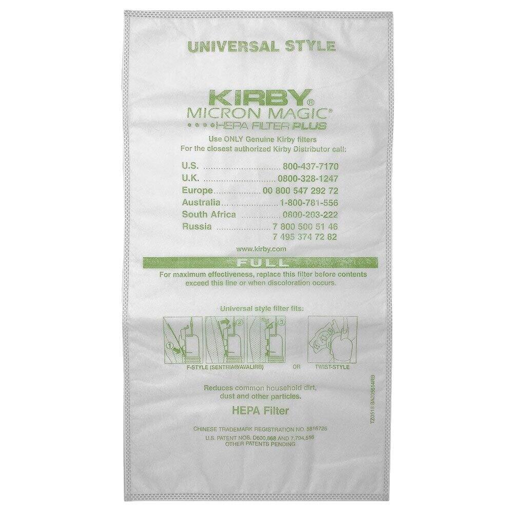 **UNIVERSAL STYLE**

**KIRBY MICRON MAGIC HEPA FILTER PLUS**

Use ONLY Genuine Kirby filters

For the closest authorized Kirby Distributor call:

- U.S. 800-437-7170
- U.K. 0800-328-1247
- Europe 00 800 547 292 72
- Australia 1-800-781-556
- South Africa 0800-203-222
- Russia 7 8005005146 800 500 51 46 7 495 374 72 82

www.kirby.com

**FULL**

For maximum effectiveness, replace this filter before contents exceed this line or when discoloration occurs.

Universal style filter fits:

- F-STYLE (SENTRIA/AVAILIRS)
- OR TWIST-STYLE

Reduces common household dirt, dust and other particles.

**HEPA Filter**

CHINESE TRADEMARK REGISTRATION NO 5816726