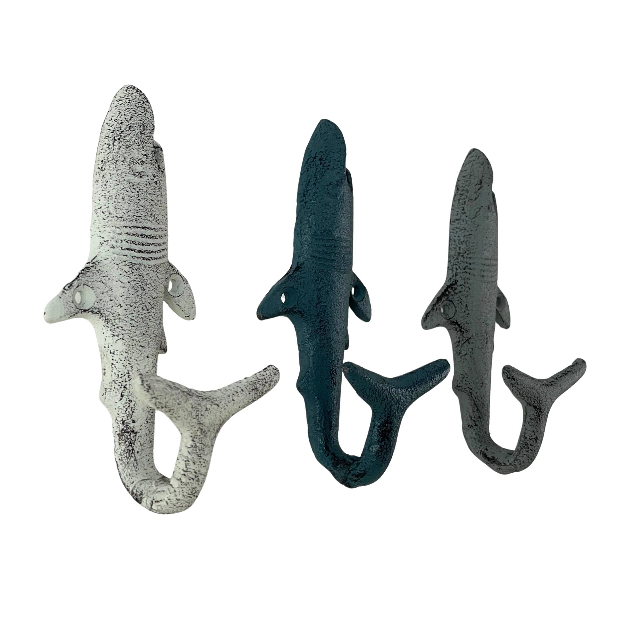 Alt View 1. Zeckos - Set of 3 Shark Wall Hooks in Blue, Gray, White – Perfect for Nautical Themes - Multicolored.