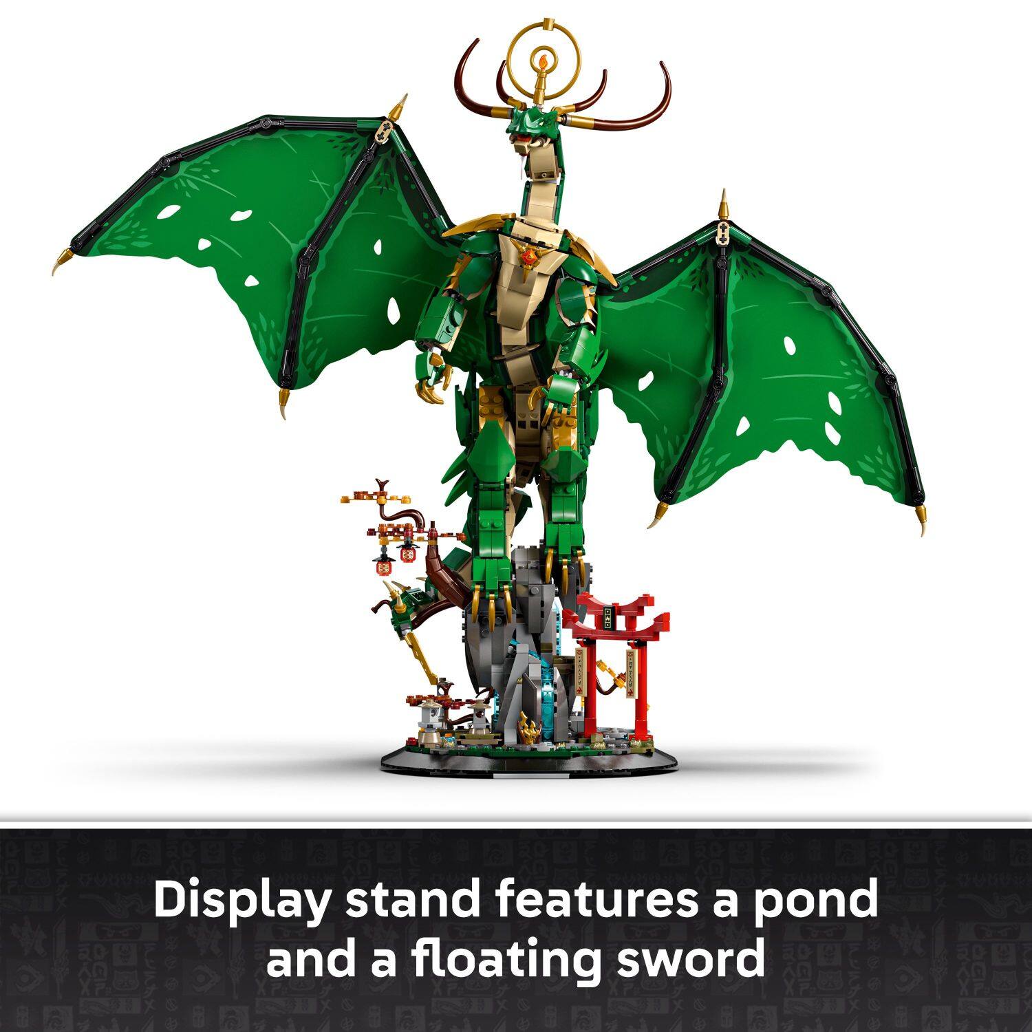 Display stand features a pond and a floating sword.