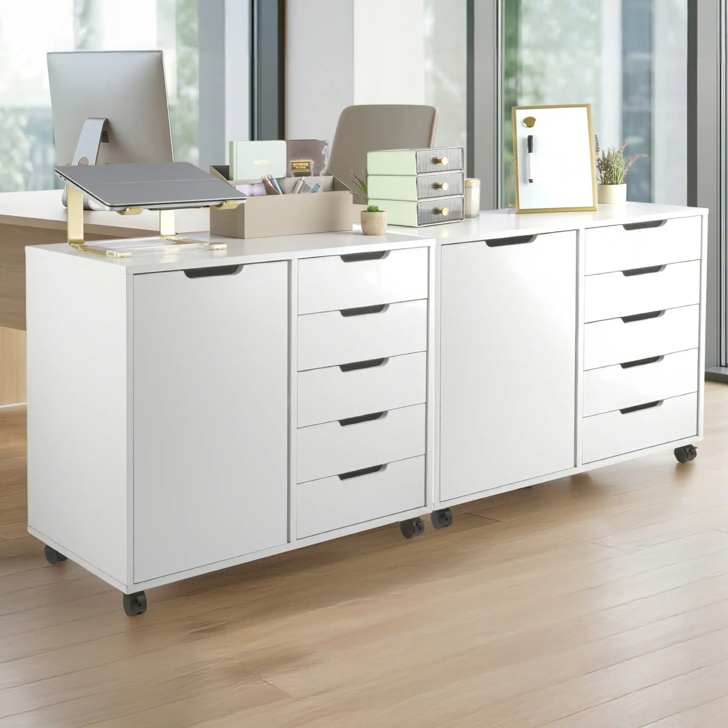 Alt View 8. Lavish Home - 5 Drawer Office Storage Cabinet Wooden Lateral File Cabinet with 5 Drawers, Door, and Adjustable Shelves - White.