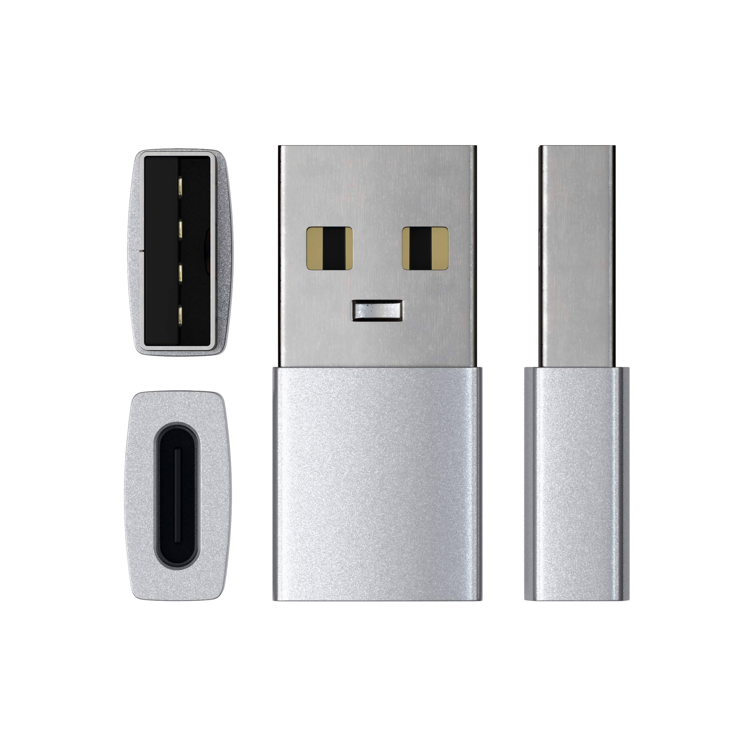 Back. Satechi - USB-A to USB-C Adapter - High-Speed Data Transfer & Power Delivery Charging, Designed for CarPlay - Silver.