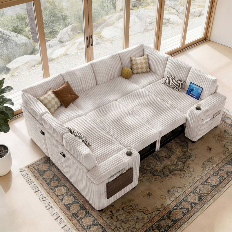 Left. Dyonery - 112" Modular Sectional Sofa, U Shaped 8-Seater Sleeper Sofa with Pull Out Bed &Hidden Storage, Cup Holders & USB. - Beige.