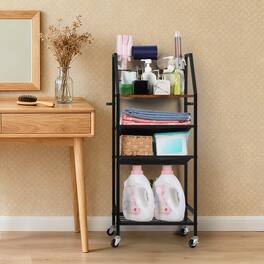 Oumilen - 5-Tier Rolling Storage Cart with Wood Top, Black Metal Frame & Accessories, - Brown
