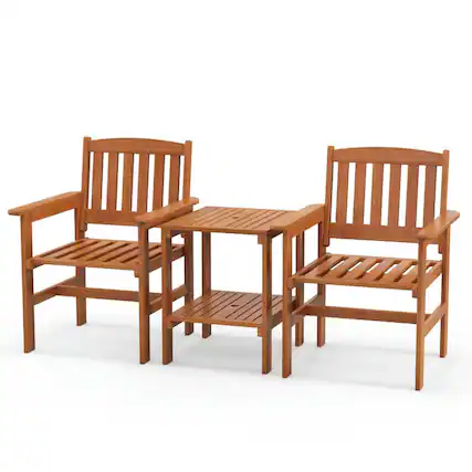 Front. Pefilos - 3 Piece Patio Bistro Table and Chairs Set with Solid Wood Construction, Coffee Table with Umbrella Hole for Outdoor - Brown.