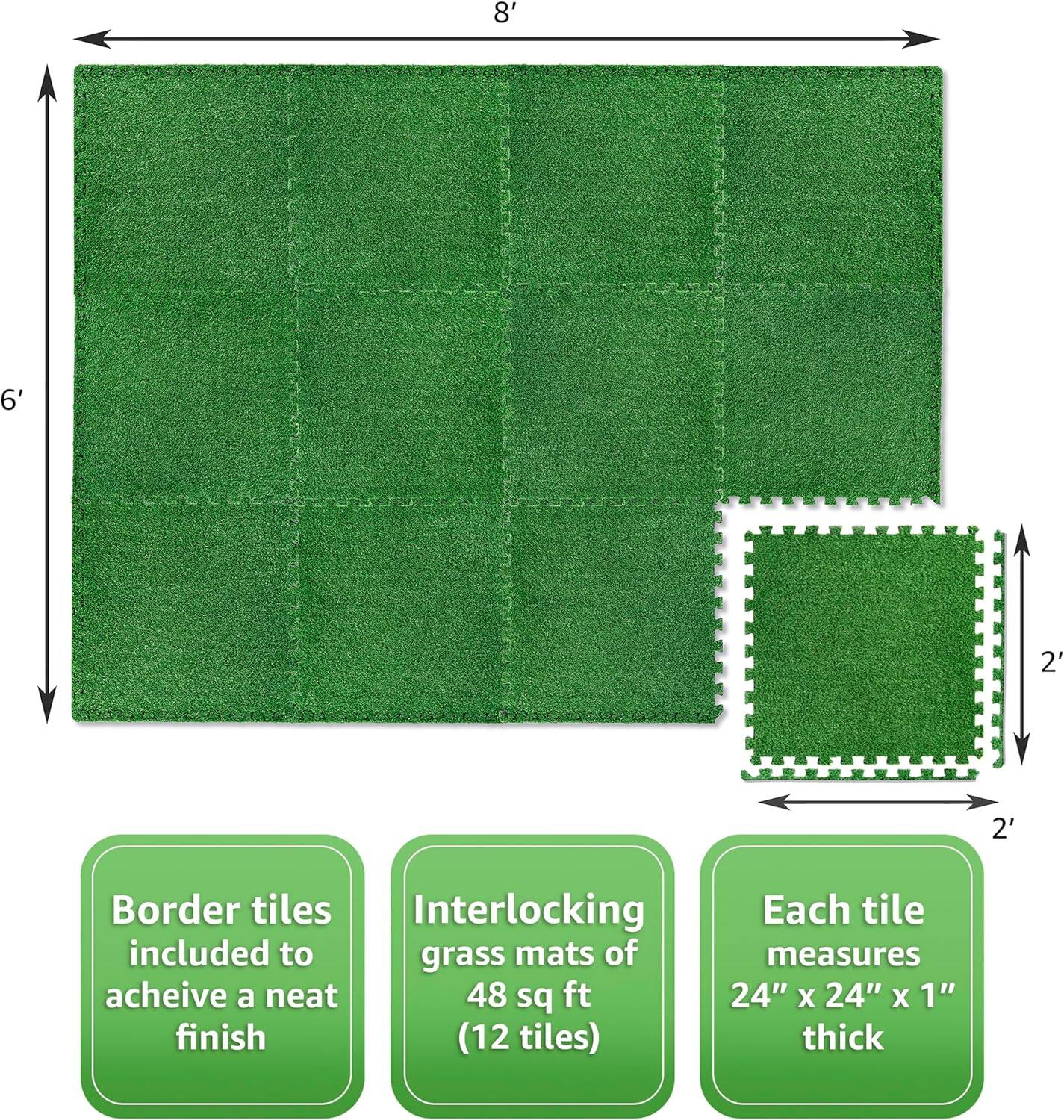 - Border tiles included to achieve a neat finish
- Interlocking grass mats of 48 sq ft (12 tiles)
- Each tile measures 24" x 24" x 1" thick