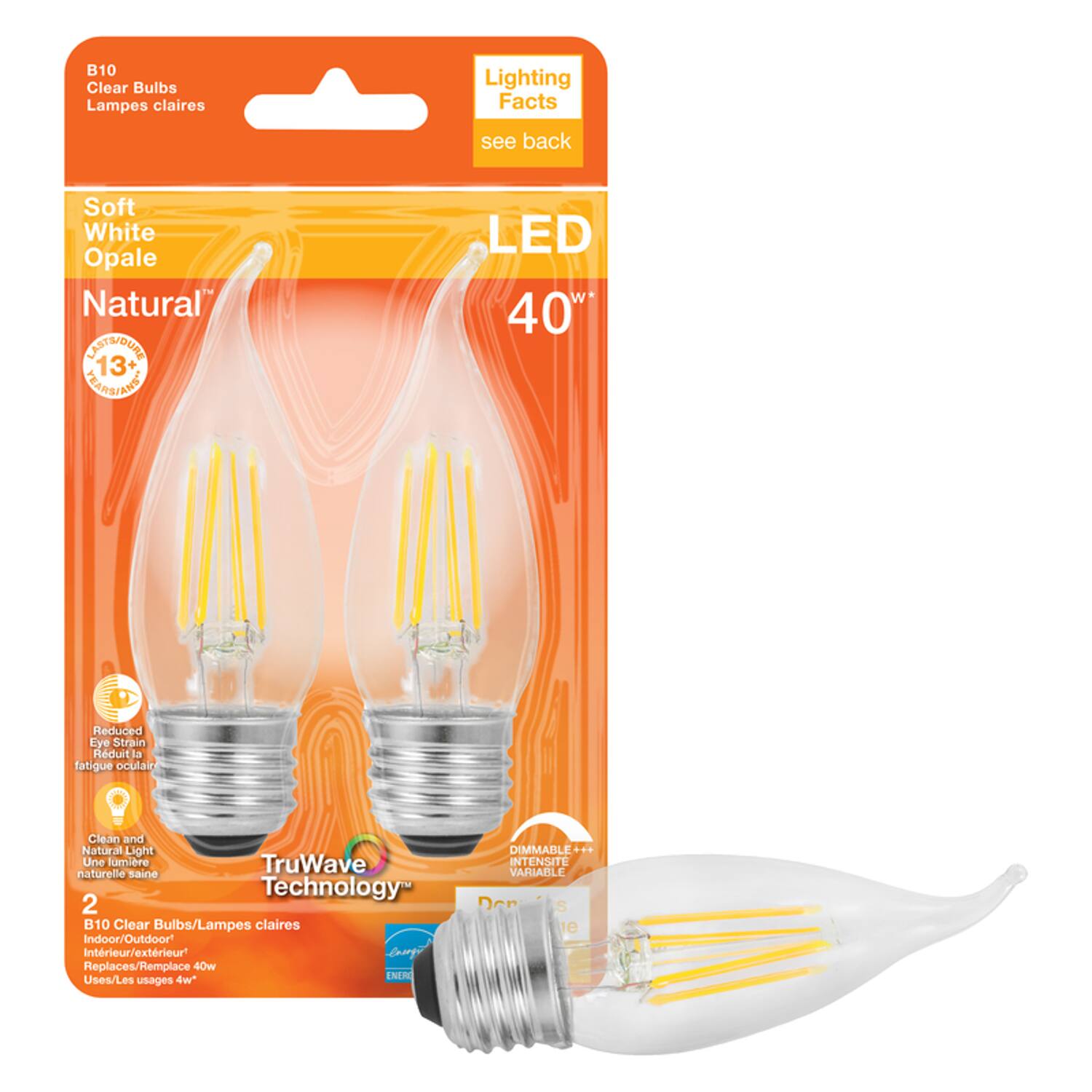 B10 Clear Bulbs  
Lampes claires  

Soft White Opale  
Natural™  

Lighting Facts  
see back  

LED 40w*  

Reduced Eye Strain  
Rduit la fatigue oculaire  

Clean and Natural Light  
Une lumire TruWave naturelle saine  

TruWave Technology  

2 B10 Clear Bulbs/Lampes claires  
Indoor/Outdoor Inttrieur/extrieur  

Replaces/Remplace 40w  
4w*  

DIMMABLE  
INTENSIT VARIABLE  

ENERGY STAR